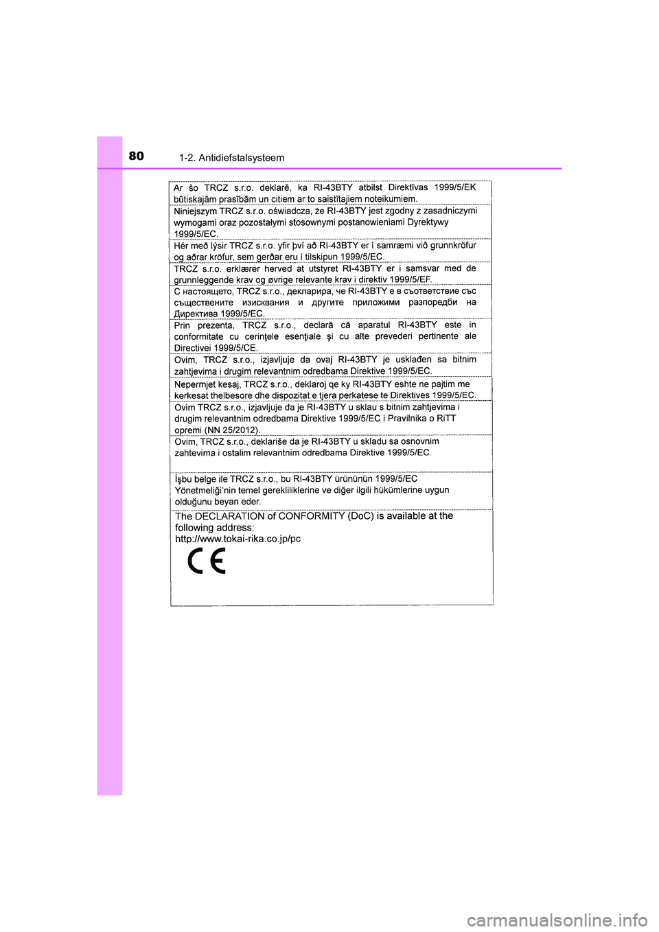 TOYOTA AURIS TOURING SPORTS 2017 Instructieboekje (in Dutch) 801-2. Antidiefstalsysteem
AURIS Touring Sports_EE (12L13E)
AURIS Touring Sports_OM_Europe_OM12L13E.book Page 80 Tuesday, November 1, 2016 10:28 AM TOYOTA AURIS TOURING SPORTS 2017 Instructieboekje (in Dutch) 801-2. Antidiefstalsysteem
AURIS Touring Sports_EE (12L13E)
AURIS Touring Sports_OM_Europe_OM12L13E.book Page 80 Tuesday, November 1, 2016 10:28 AM