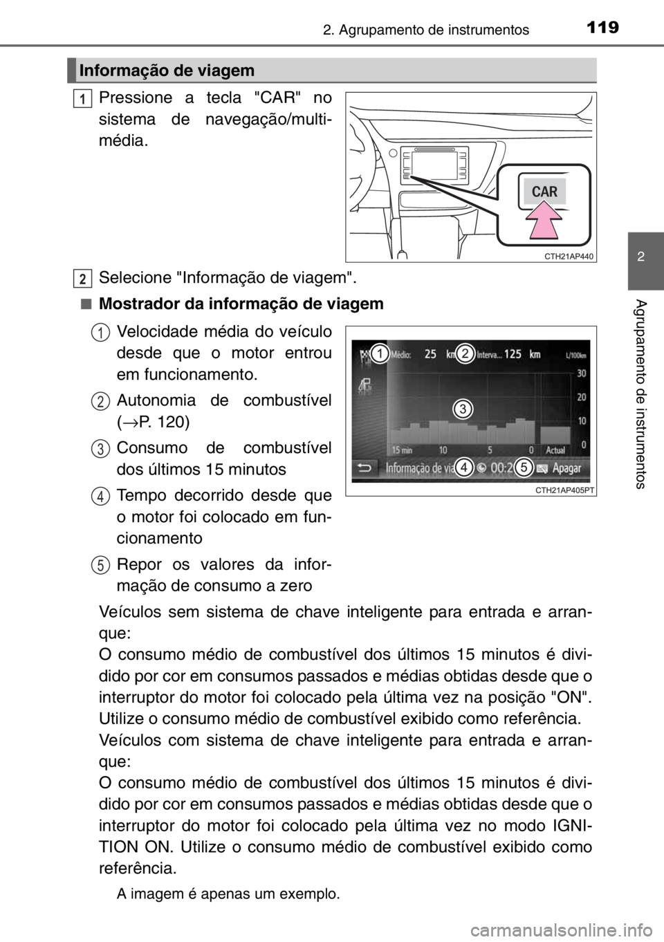TOYOTA AURIS TOURING SPORTS 2017 Manual de utilização (in Portuguese) 1192. Agrupamento de instrumentos
2
Agrupamento de instrumentos
Pressione a tecla "CAR" no
sistema de navegação/multi-
média.
Selecione "Informação de viagem".
■Mostrador da inf TOYOTA AURIS TOURING SPORTS 2017 Manual de utilização (in Portuguese) 1192. Agrupamento de instrumentos
2
Agrupamento de instrumentos
Pressione a tecla "CAR" no
sistema de navegação/multi-
média.
Selecione "Informação de viagem".
■Mostrador da inf