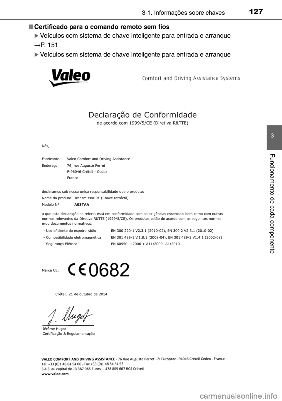 TOYOTA AURIS TOURING SPORTS 2017  Manual de utilização (in Portuguese) 1273-1. Informações sobre chaves
3
Funcionamento de cada componente
■Certificado para o comando remoto sem fios
�XVeículos com sistema de chave inteligente para entrada e arranque
→P.  1 5 1
�X