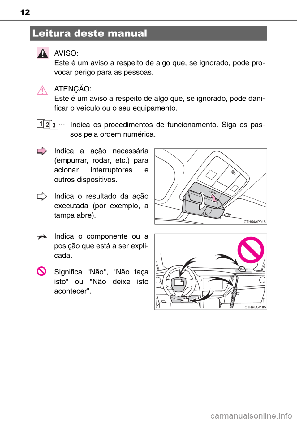 TOYOTA AURIS TOURING SPORTS 2017 Manual de utilização (in Portuguese) 12
AVISO:
Este é um aviso a respeito de algo que, se ignorado, pode pro-
vocar perigo para as pessoas.
ATENÇÃO:
Este é um aviso a respeito de algo que, se ignorado, pode dani-
ficar o veículo o TOYOTA AURIS TOURING SPORTS 2017 Manual de utilização (in Portuguese) 12
AVISO:
Este é um aviso a respeito de algo que, se ignorado, pode pro-
vocar perigo para as pessoas.
ATENÇÃO:
Este é um aviso a respeito de algo que, se ignorado, pode dani-
ficar o veículo o