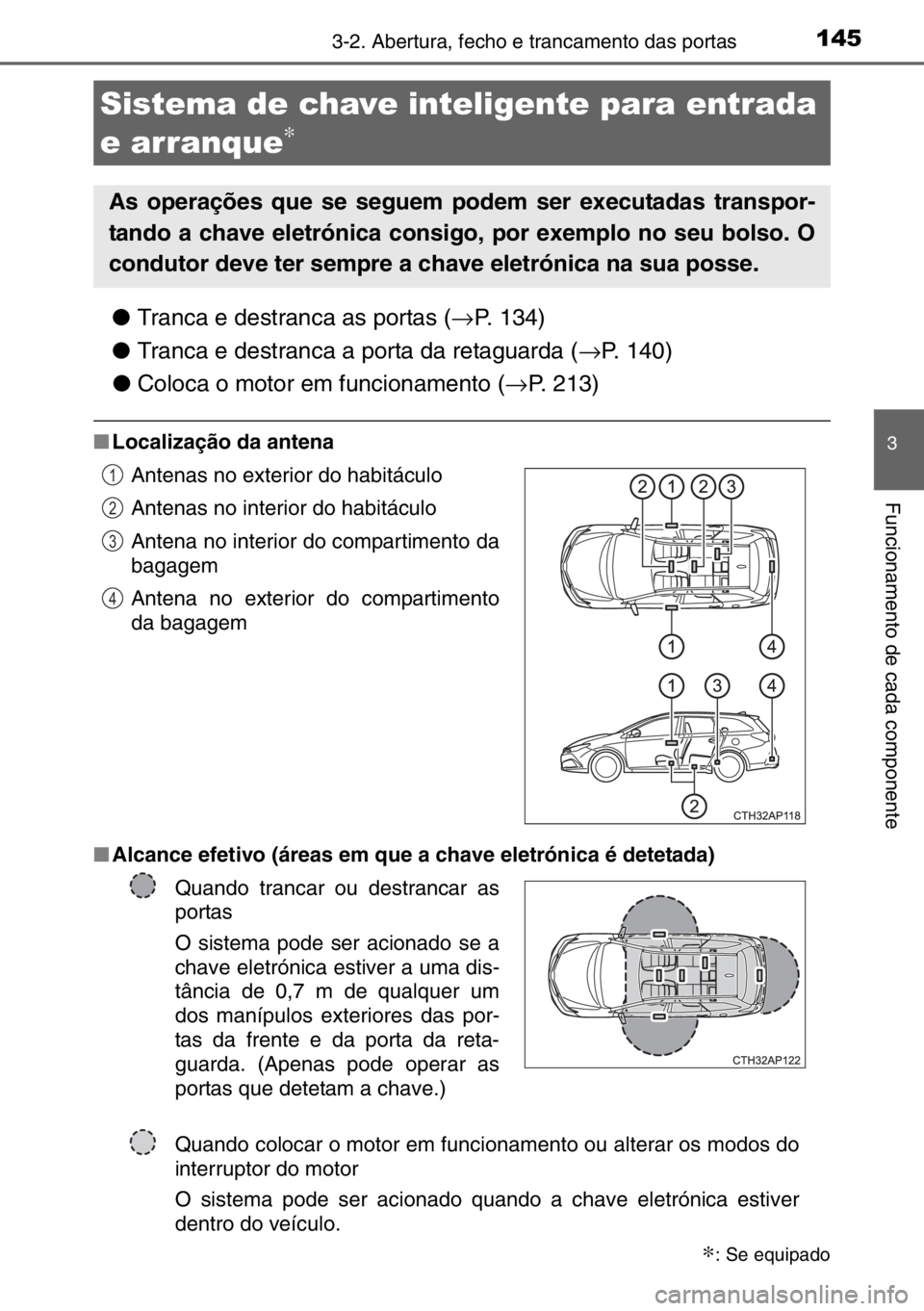 TOYOTA AURIS TOURING SPORTS 2017 Manual de utilização (in Portuguese) 1453-2. Abertura, fecho e trancamento das portas
3
Funcionamento de cada componente
●Tranca e destranca as portas (→P. 134)
●Tranca e destranca a porta da retaguarda (→P. 140)
●Coloca o moto TOYOTA AURIS TOURING SPORTS 2017 Manual de utilização (in Portuguese) 1453-2. Abertura, fecho e trancamento das portas
3
Funcionamento de cada componente
●Tranca e destranca as portas (→P. 134)
●Tranca e destranca a porta da retaguarda (→P. 140)
●Coloca o moto