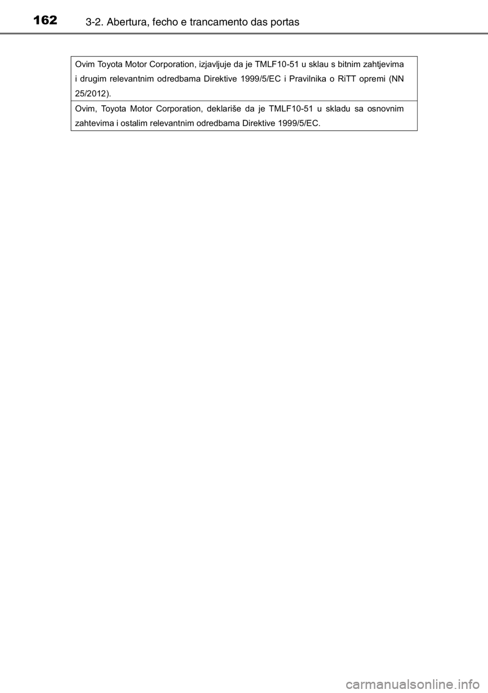 TOYOTA AURIS TOURING SPORTS 2017  Manual de utilização (in Portuguese) 1623-2. Abertura, fecho e trancamento das portas
Ovim Toyota Motor Corporation, izjavljuje da je TMLF10-51 u sklau s bitnim zahtjevima 
i drugim relevantnim odredbama Direktive 1999/5/EC i Pravilnika 