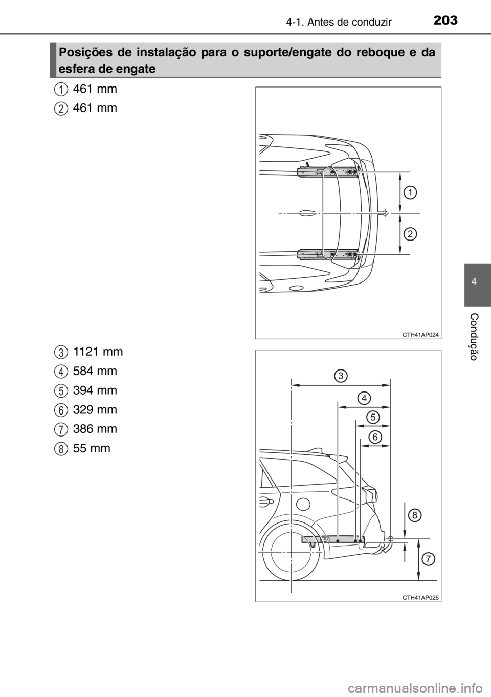 TOYOTA AURIS TOURING SPORTS 2017 Manual de utilização (in Portuguese) 2034-1. Antes de conduzir
4
Condução
461 mm
461 mm
1121 mm
584 mm
394 mm
329 mm
386 mm
55 mm
Posições de instalação para o suporte/engate do reboque e da
esfera de engate
1
2
3
4
5
6
7
8 TOYOTA AURIS TOURING SPORTS 2017 Manual de utilização (in Portuguese) 2034-1. Antes de conduzir
4
Condução
461 mm
461 mm
1121 mm
584 mm
394 mm
329 mm
386 mm
55 mm
Posições de instalação para o suporte/engate do reboque e da
esfera de engate
1
2
3
4
5
6
7
8