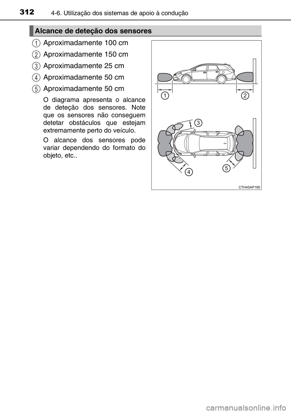 TOYOTA AURIS TOURING SPORTS 2017 Manual de utilização (in Portuguese) 3124-6. Utilização dos sistemas de apoio à condução
Aproximadamente 100 cm
Aproximadamente 150 cm
Aproximadamente 25 cm
Aproximadamente 50 cm
Aproximadamente 50 cm
O diagrama apresenta o alcance
TOYOTA AURIS TOURING SPORTS 2017 Manual de utilização (in Portuguese) 3124-6. Utilização dos sistemas de apoio à condução
Aproximadamente 100 cm
Aproximadamente 150 cm
Aproximadamente 25 cm
Aproximadamente 50 cm
Aproximadamente 50 cm
O diagrama apresenta o alcance