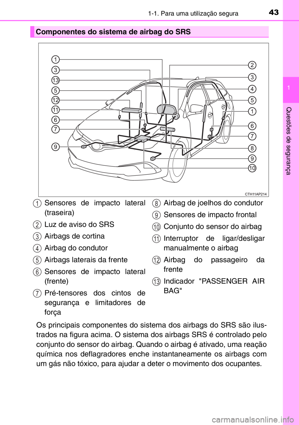 TOYOTA AURIS TOURING SPORTS 2017  Manual de utilização (in Portuguese) 431-1. Para uma utilização segura
1
Questões de segurança
Os principais componentes do sistema dos airbags do SRS são ilus-
trados na figura acima. O sistema dos airbags SRS é controlado pelo
co