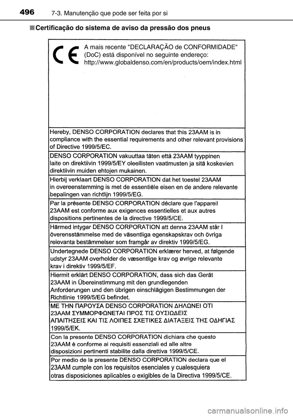 TOYOTA AURIS TOURING SPORTS 2017  Manual de utilização (in Portuguese) 4967-3. Manutenção que pode ser feita por si
■Certificação do sistema de aviso da pressão dos pneus
A mais recente "DECLARAÇÃO de CONFORMIDADE" 
(DoC) está disponível no seguinte en