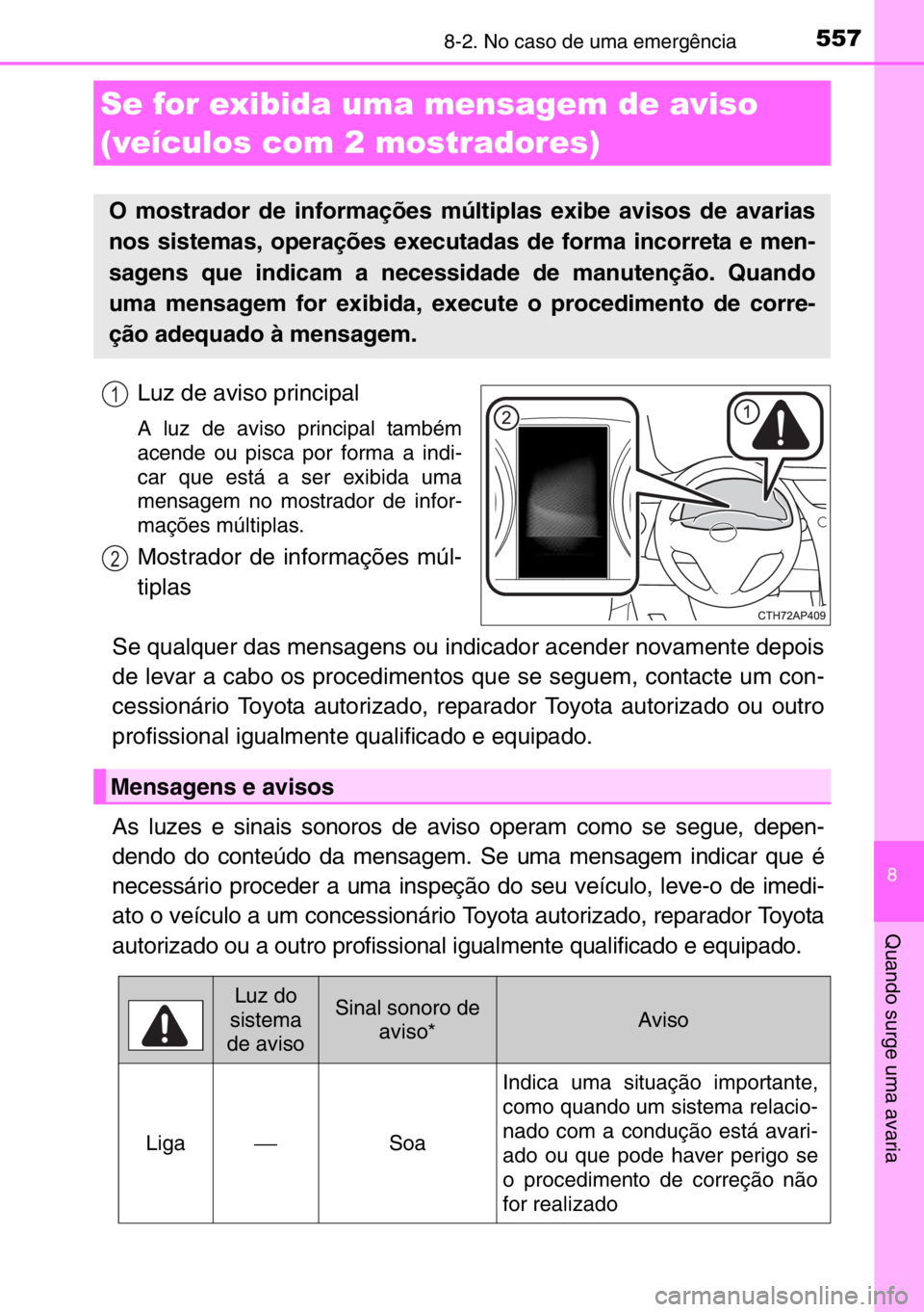 TOYOTA AURIS TOURING SPORTS 2017  Manual de utilização (in Portuguese) 5578-2. No caso de uma emergência
8
Quando surge uma avaria
Luz de aviso principal
A luz de aviso principal também
acende ou pisca por forma a indi-
car que está a ser exibida uma
mensagem no mostr