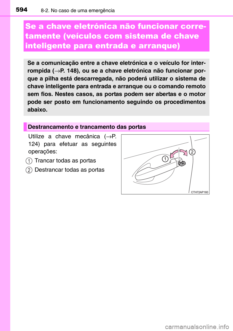 TOYOTA AURIS TOURING SPORTS 2017 Manual de utilização (in Portuguese) 5948-2. No caso de uma emergência
Utilize a chave mecânica (→P.
124) para efetuar as seguintes
operações:
Trancar todas as portas
Destrancar todas as portas
Se a chave eletrónica não funcionar TOYOTA AURIS TOURING SPORTS 2017 Manual de utilização (in Portuguese) 5948-2. No caso de uma emergência
Utilize a chave mecânica (→P.
124) para efetuar as seguintes
operações:
Trancar todas as portas
Destrancar todas as portas
Se a chave eletrónica não funcionar