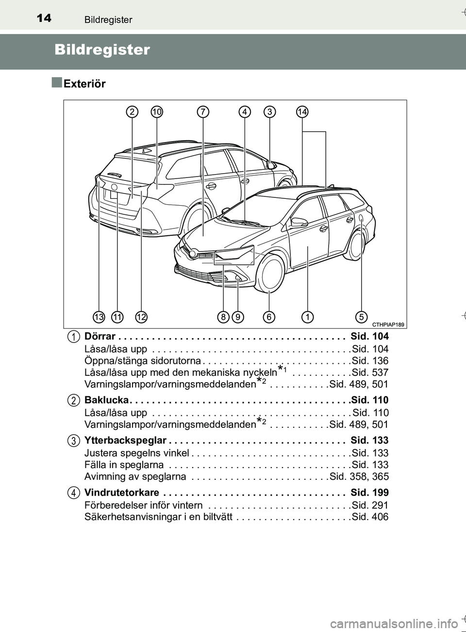 TOYOTA AURIS TOURING SPORTS 2017  Bruksanvisningar (in Swedish) 14
OM12L13SE
Bildregister
Bildregister
n
Exteriör
Dörrar . . . . . . . . . . . . . . . . . . . . . . . . . . . . . . . . . . . . . . . . .  Sid. 104
Låsa/låsa upp  . . . . . . . . . . . . . . . . 
