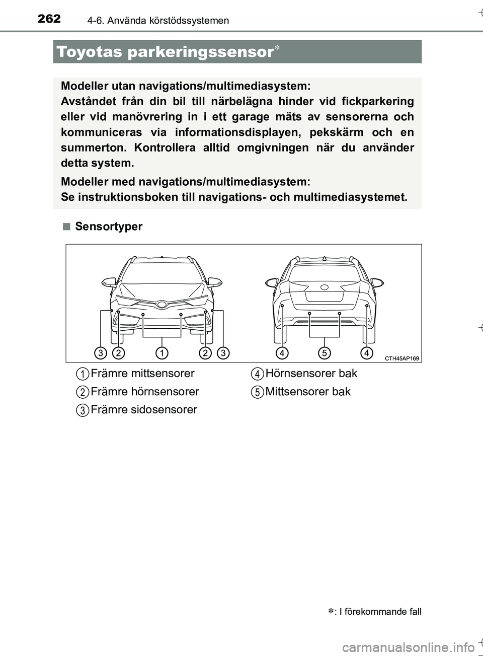 TOYOTA AURIS TOURING SPORTS 2017 Bruksanvisningar (in Swedish) 2624-6. Använda körstödssystemen
OM12L13SEn
Sensortyper
Toyotas parkeringssensor
: I förekommande fall
Modeller utan naviga
tions/multimediasystem:
Avståndet från din bil till nä rbeläg TOYOTA AURIS TOURING SPORTS 2017 Bruksanvisningar (in Swedish) 2624-6. Använda körstödssystemen
OM12L13SEn
Sensortyper
Toyotas parkeringssensor
: I förekommande fall
Modeller utan naviga
tions/multimediasystem:
Avståndet från din bil till nä rbeläg