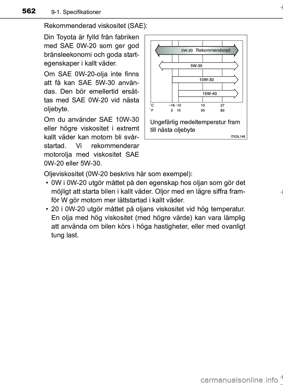 TOYOTA AURIS TOURING SPORTS 2017  Bruksanvisningar (in Swedish) 5629-1. Specifikationer
OM12L13SE
Rekommenderad viskositet (SAE):
Din Toyota är fylld från fabriken
med SAE 0W-20 som ger god
bränsleekonomi och goda start-
egenskaper i kallt väder.
Om SAE 0W-20-