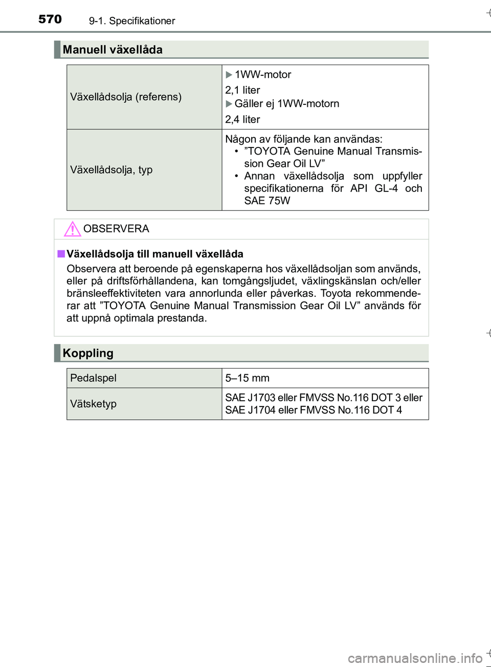 TOYOTA AURIS TOURING SPORTS 2017  Bruksanvisningar (in Swedish) 5709-1. Specifikationer
OM12L13SE
Manuell växellåda
Växellådsolja (referens)
1WW-motor
2,1 liter
Gäller ej 1WW-motorn
2,4 liter
Växellådsolja, typ Någon av följande kan användas:
• 