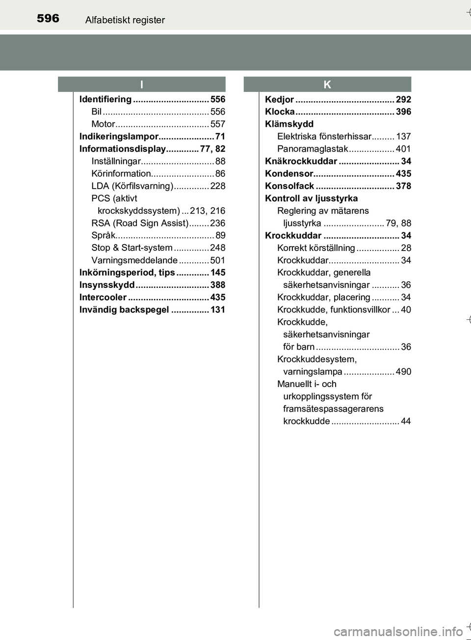 TOYOTA AURIS TOURING SPORTS 2017 Bruksanvisningar (in Swedish) 596Alfabetiskt register
OM12L13SE
Identifiering .............................. 556Bil .......................................... 556
Motor ..................................... 557
Indikeringslampor.. TOYOTA AURIS TOURING SPORTS 2017 Bruksanvisningar (in Swedish) 596Alfabetiskt register
OM12L13SE
Identifiering .............................. 556Bil .......................................... 556
Motor ..................................... 557
Indikeringslampor..