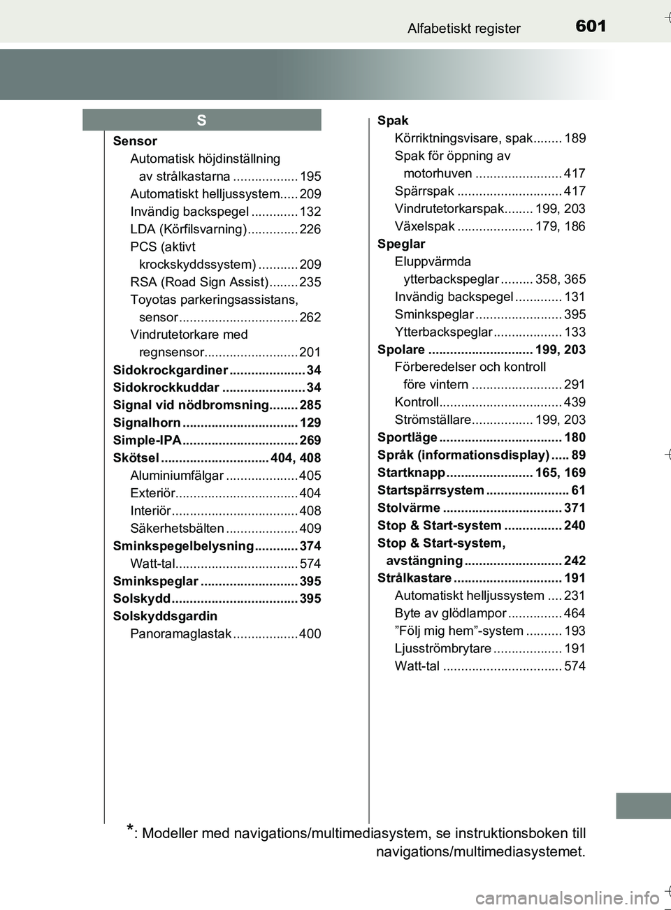 TOYOTA AURIS TOURING SPORTS 2017 Bruksanvisningar (in Swedish) 601Alfabetiskt register
OM12L13SE
SensorAutomatisk höjdinställning
av strålkastarna .................. 195
Automatiskt helljussystem..... 209
Invändig backspegel ............. 132
LDA (Körfilsva TOYOTA AURIS TOURING SPORTS 2017 Bruksanvisningar (in Swedish) 601Alfabetiskt register
OM12L13SE
SensorAutomatisk höjdinställning
av strålkastarna .................. 195
Automatiskt helljussystem..... 209
Invändig backspegel ............. 132
LDA (Körfilsva