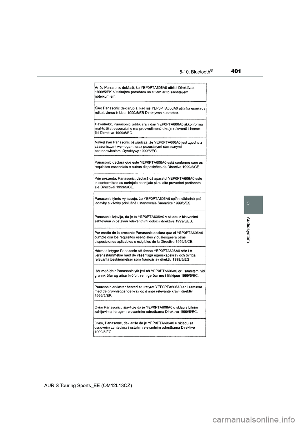 TOYOTA AURIS TOURING SPORTS 2016  Návod na použití (in Czech) 4015-10. Bluetooth®
AURIS Touring Sports_EE (OM12L13CZ)
5
Audiosystém 