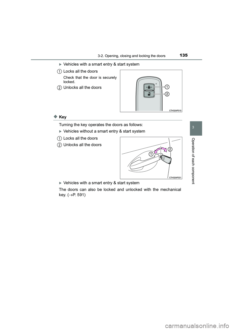 TOYOTA AURIS TOURING SPORTS 2016  Owners Manual 1353-2. Opening, closing and locking the doors
AURIS Touring Sports_EE (12K53E)
3
Operation of each component
�XVehicles with a smart entry & start system
Locks all the doors
Check that the door is se