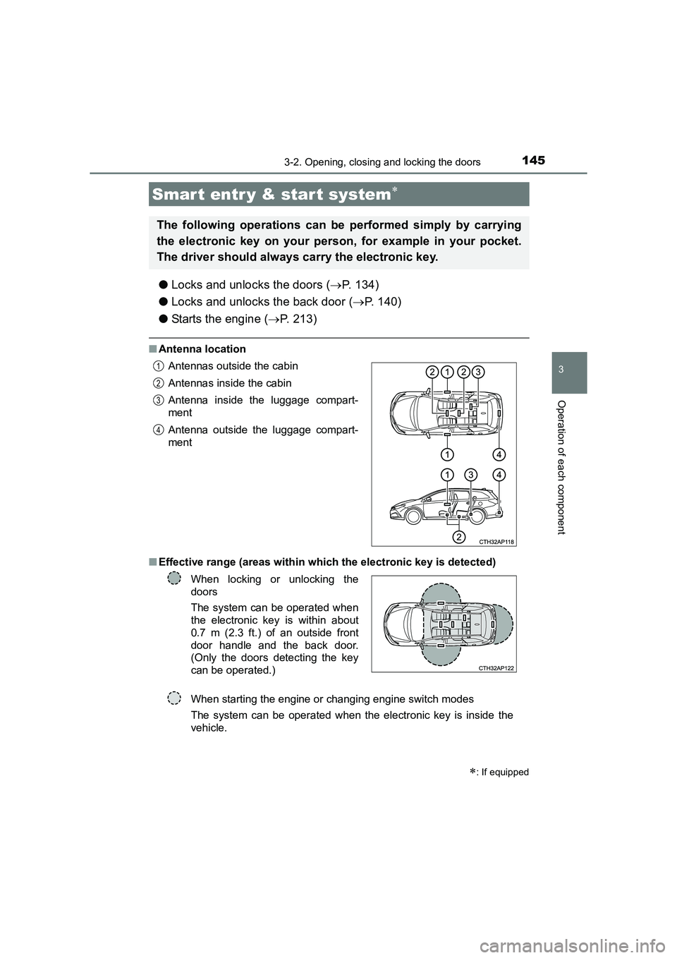 TOYOTA AURIS TOURING SPORTS 2016  Owners Manual 1453-2. Opening, closing and locking the doors
AURIS Touring Sports_EE (12K53E)
3
Operation of each component
●Locks and unlocks the doors ( →P. 134)
● Locks and unlocks the back door ( →P. 14