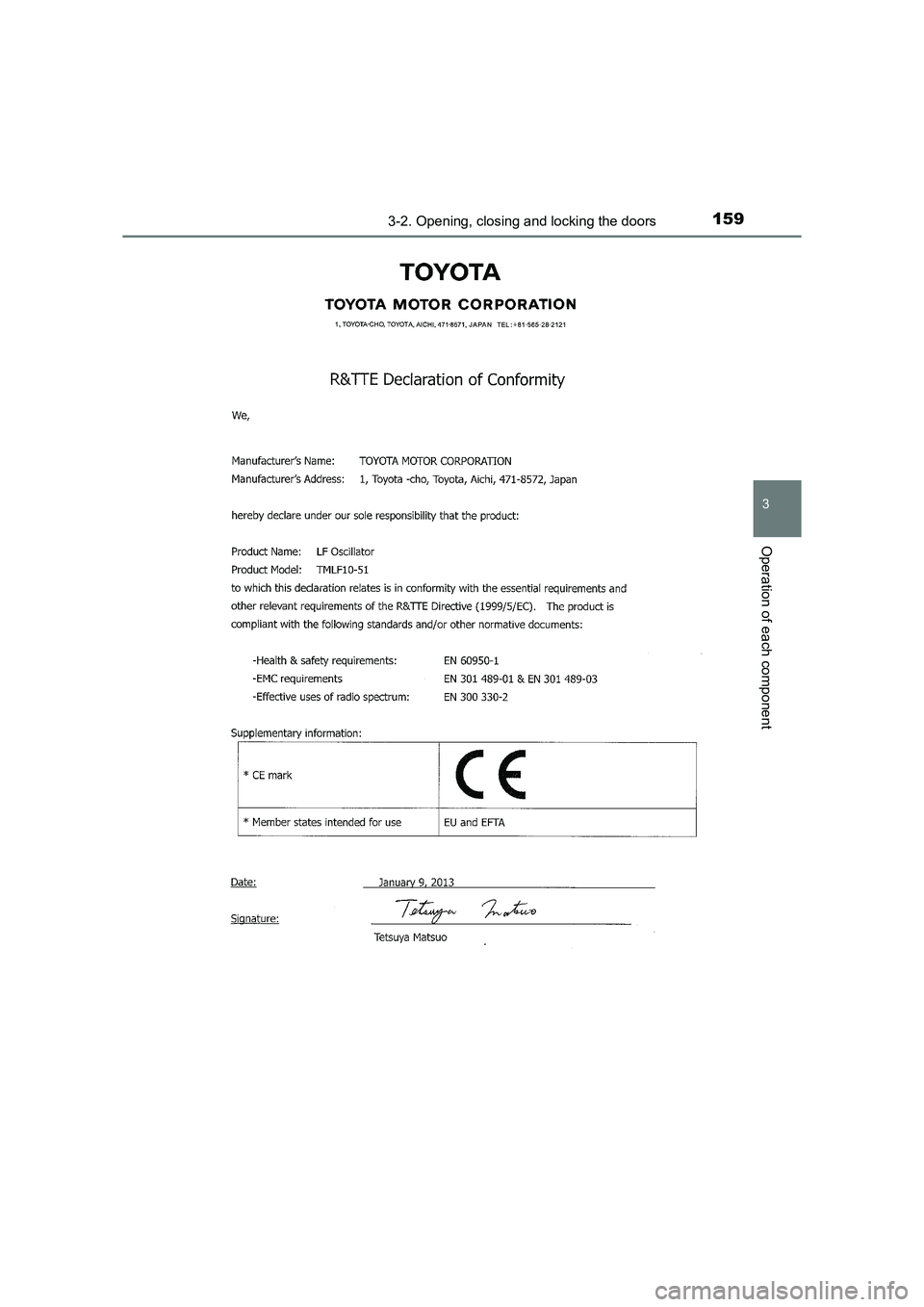 TOYOTA AURIS TOURING SPORTS 2016  Owners Manual 1593-2. Opening, closing and locking the doors
AURIS Touring Sports_EE (12K53E)
3
Operation of each component 