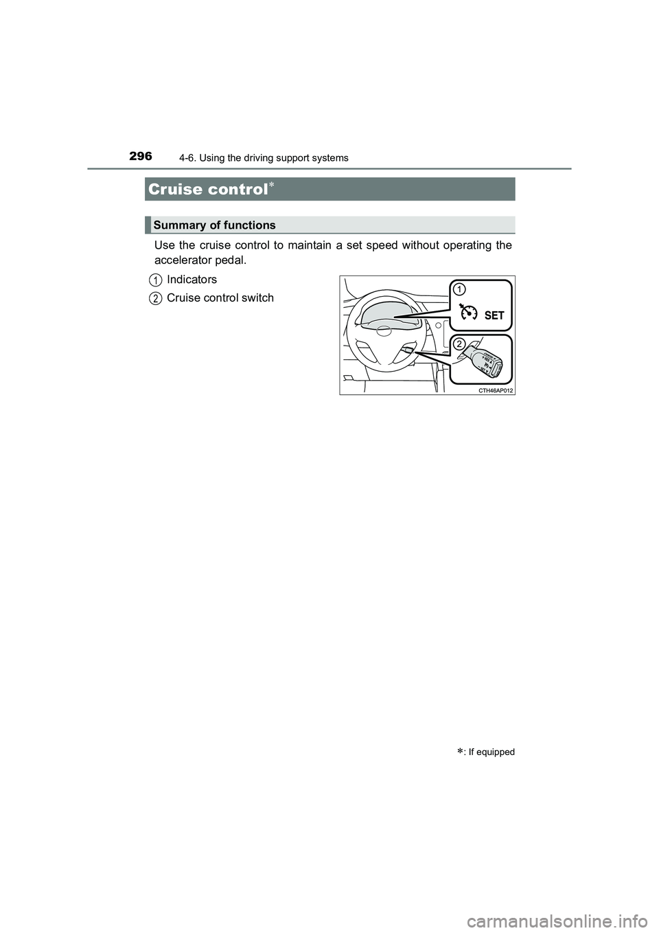 TOYOTA AURIS TOURING SPORTS 2016 Owners Manual 2964-6. Using the driving support systems
AURIS Touring Sports_EE (12K53E)
Use the cruise control to maintain a set speed without operating the
accelerator pedal. Indicators
Cruise control switch
Crui TOYOTA AURIS TOURING SPORTS 2016 Owners Manual 2964-6. Using the driving support systems
AURIS Touring Sports_EE (12K53E)
Use the cruise control to maintain a set speed without operating the
accelerator pedal. Indicators
Cruise control switch
Crui