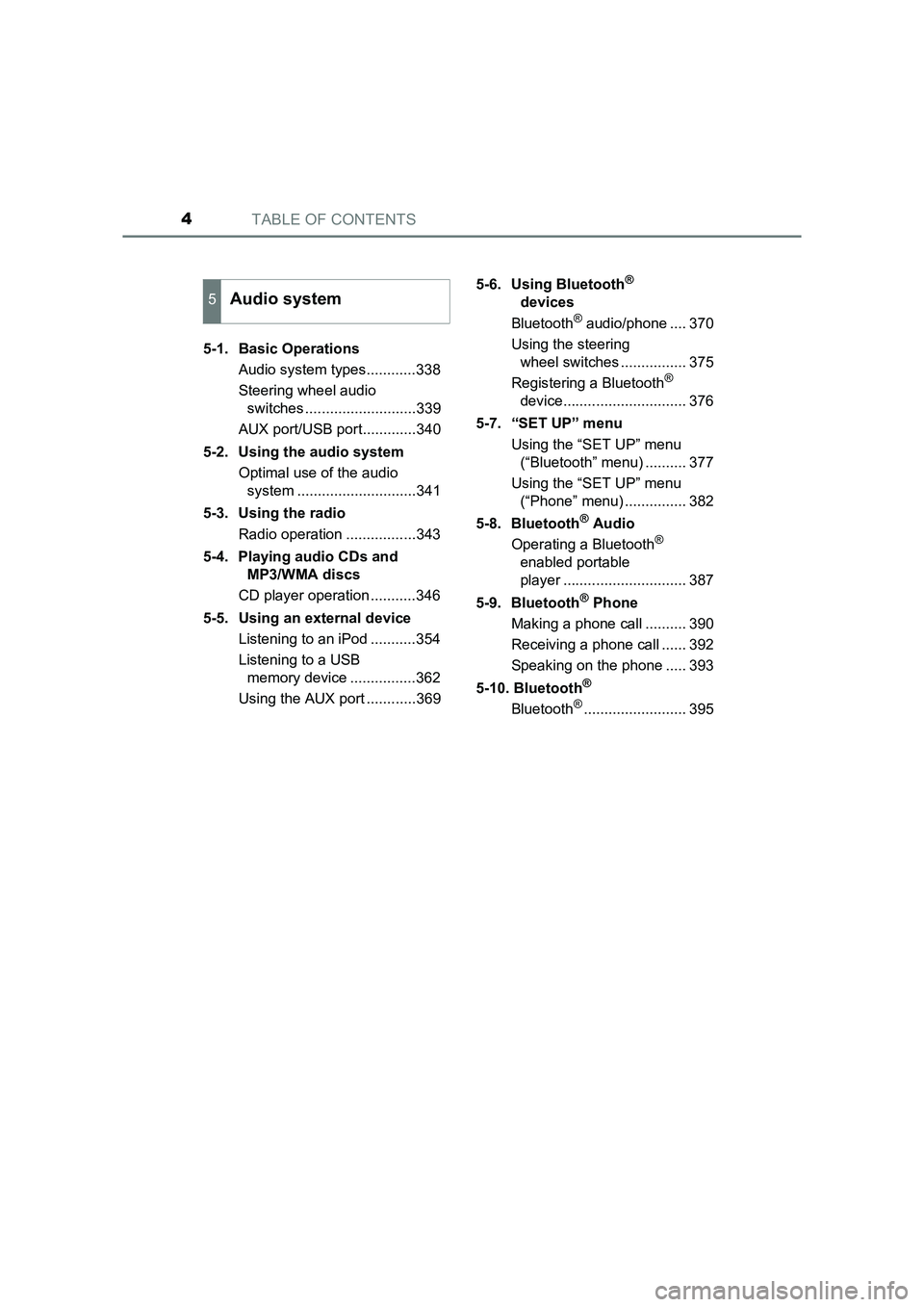 TOYOTA AURIS TOURING SPORTS 2016 Owners Manual TABLE OF CONTENTS4
AURIS Touring Sports_EE (12K53E)5-1. Basic Operations
Audio system types............338
Steering wheel audio switches ...........................339
AUX port/USB port.............34 TOYOTA AURIS TOURING SPORTS 2016 Owners Manual TABLE OF CONTENTS4
AURIS Touring Sports_EE (12K53E)5-1. Basic Operations
Audio system types............338
Steering wheel audio switches ...........................339
AUX port/USB port.............34