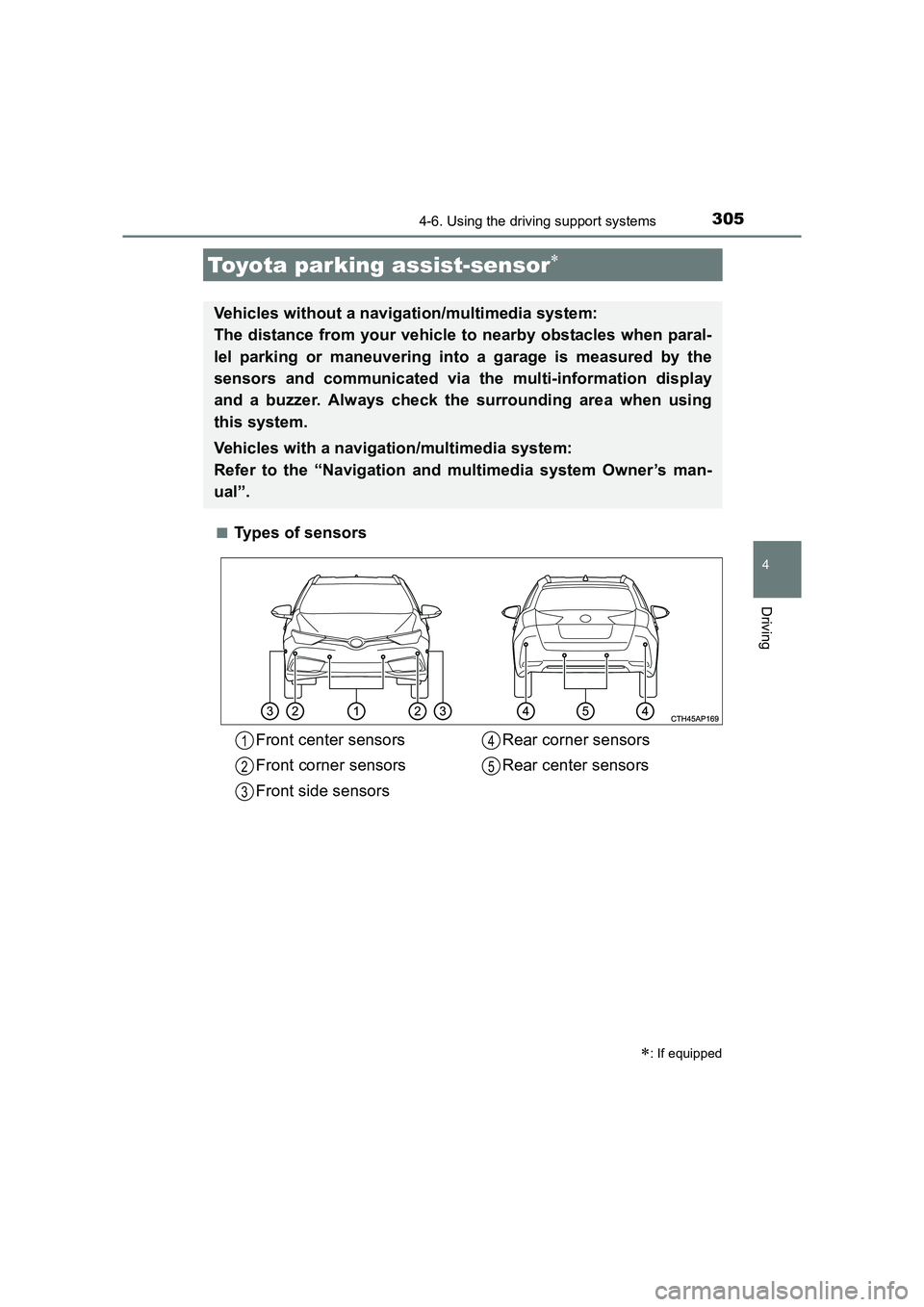 TOYOTA AURIS TOURING SPORTS 2016  Owners Manual 3054-6. Using the driving support systems
AURIS Touring Sports_EE (12K53E)
4
Driving
■Types of sensors
Toyota parking assist-sensor∗
∗: If equipped
Vehicles without a navigation/multimedia syste