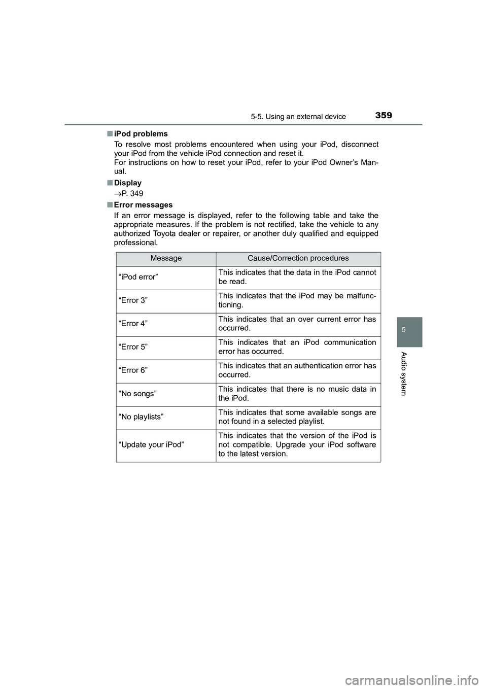 TOYOTA AURIS TOURING SPORTS 2016 Owners Manual 3595-5. Using an external device
AURIS Touring Sports_EE (12K53E)
5
Audio system
■iPod problems
To resolve most problems encountered when using your iPod, disconnect
your iPod from the vehicle iPod TOYOTA AURIS TOURING SPORTS 2016 Owners Manual 3595-5. Using an external device
AURIS Touring Sports_EE (12K53E)
5
Audio system
■iPod problems
To resolve most problems encountered when using your iPod, disconnect
your iPod from the vehicle iPod