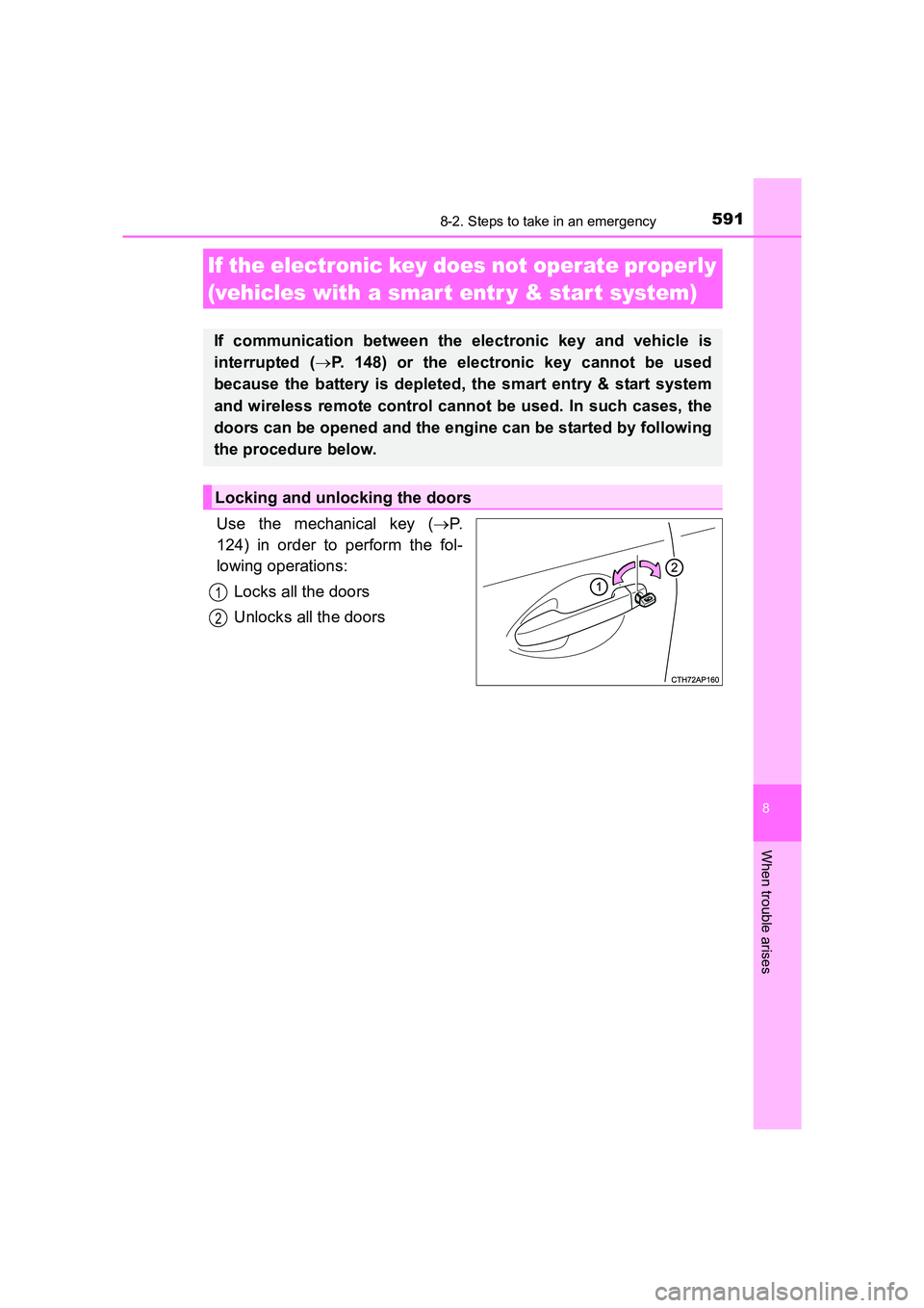 TOYOTA AURIS TOURING SPORTS 2016  Owners Manual 5918-2. Steps to take in an emergency
AURIS Touring Sports_EE (12K53E)
8
When trouble arises
Use the mechanical key (→P.
124) in order to perform the fol-
lowing operations:
Locks all the doors
Unlo