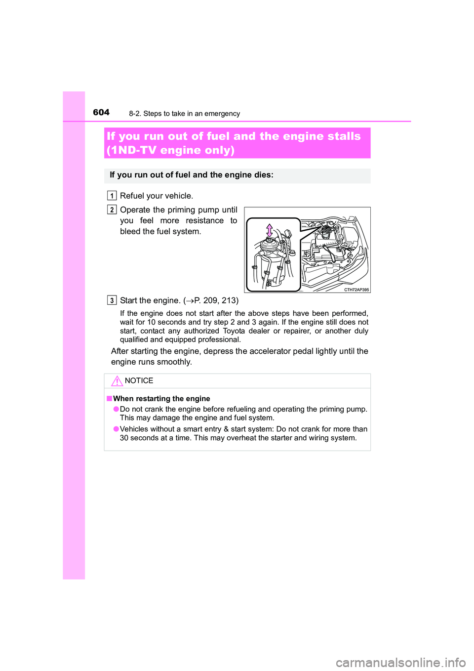 TOYOTA AURIS TOURING SPORTS 2016  Owners Manual 6048-2. Steps to take in an emergency
AURIS Touring Sports_EE (12K53E)
Refuel your vehicle.
Operate the priming pump until
you feel more resistance to
bleed the fuel system.
Start the engine. (→P. 2