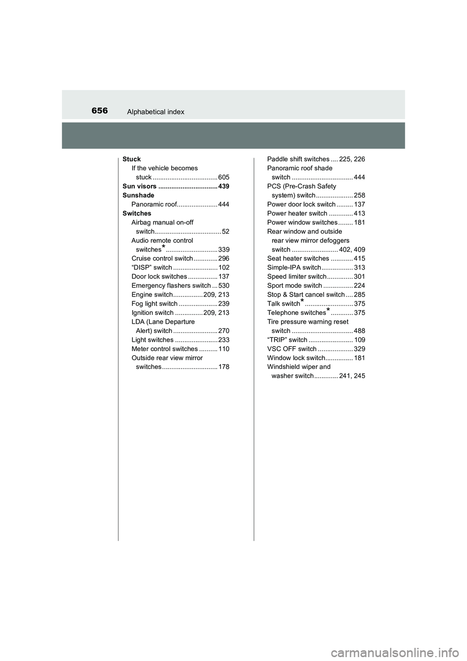 TOYOTA AURIS TOURING SPORTS 2016 Owners Manual 656Alphabetical index
AURIS Touring Sports_EE (12K53E)
StuckIf the vehicle becomes stuck ................................... 605
Sun visors ................................ 439
Sunshade Panoramic roof TOYOTA AURIS TOURING SPORTS 2016 Owners Manual 656Alphabetical index
AURIS Touring Sports_EE (12K53E)
StuckIf the vehicle becomes stuck ................................... 605
Sun visors ................................ 439
Sunshade Panoramic roof
