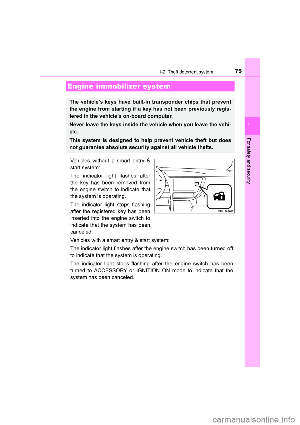 TOYOTA AURIS TOURING SPORTS 2016 Manual PDF 75
1
For safety and security
AURIS Touring Sports_EE (12K53E)
1-2. Theft deterrent system
Vehicles without a smart entry &
start system:
The indicator light flashes after
the key has been removed from TOYOTA AURIS TOURING SPORTS 2016 Manual PDF 75
1
For safety and security
AURIS Touring Sports_EE (12K53E)
1-2. Theft deterrent system
Vehicles without a smart entry &
start system:
The indicator light flashes after
the key has been removed from