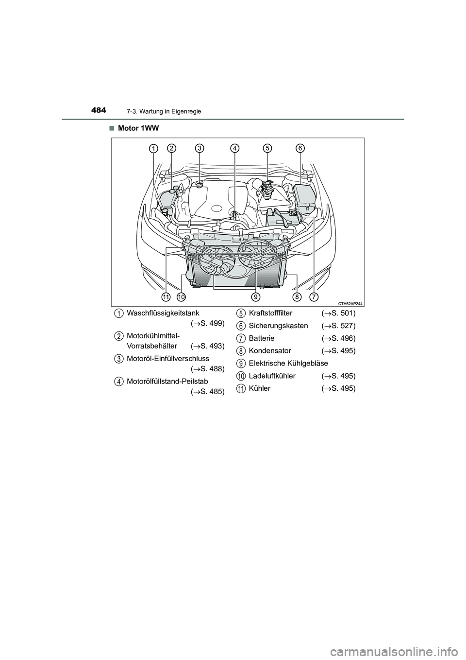 TOYOTA AURIS TOURING SPORTS 2016  Betriebsanleitungen (in German) 4847-3. Wartung in Eigenregie
UK_AURIS_Touring_Sports_EM (OM12K55M)■
Motor 1WW
Waschflüssigkeitstank
(→ S. 499)
Motorkühlmittel-
Vorratsbehälter ( →S. 493)
Motoröl-Einfüllverschluss (→ S.