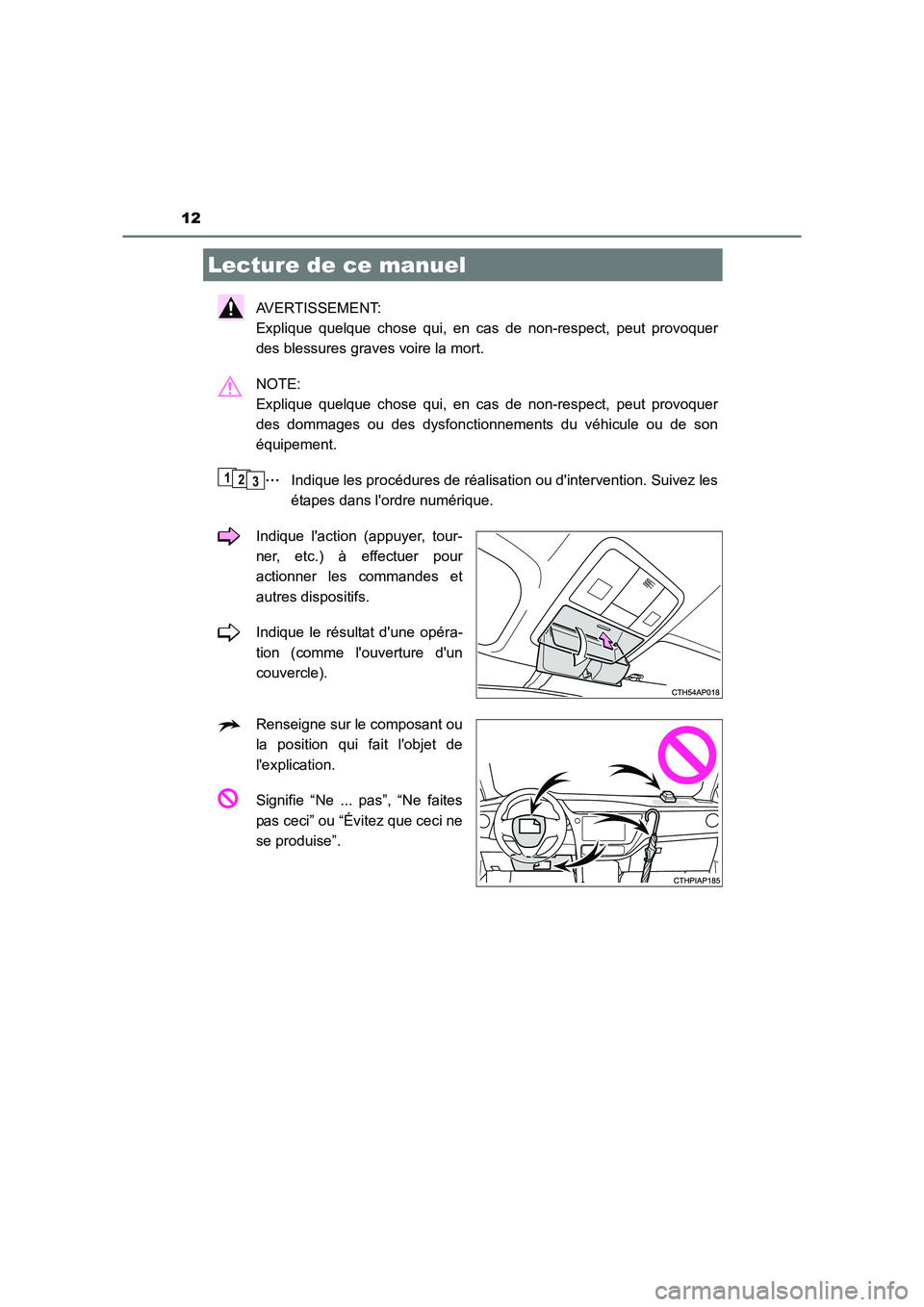 TOYOTA AURIS TOURING SPORTS 2016  Manuel du propriétaire (in French) 12
UK_AURIS_Touring_Sport_EK (OM12K54K)
AVERTISSEMENT: 
Explique quelque chose qui, en cas de non-respect, peut provoquer
des blessures graves voire la mort.
NOTE: 
Explique quelque chose qui, en cas 