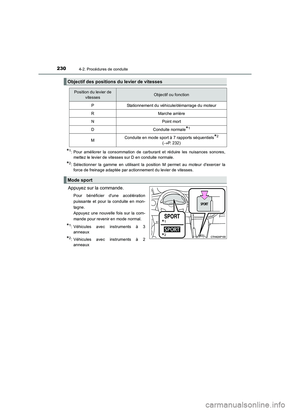 TOYOTA AURIS TOURING SPORTS 2016  Manuel du propriétaire (in French) 2304-2. Procédures de conduite
UK_AURIS_Touring_Sport_EK (OM12K54K)
*1: Pour améliorer la consommation de carburant et réduire les nuisances sonores,mettez le levier de vitesses sur D en conduite n
