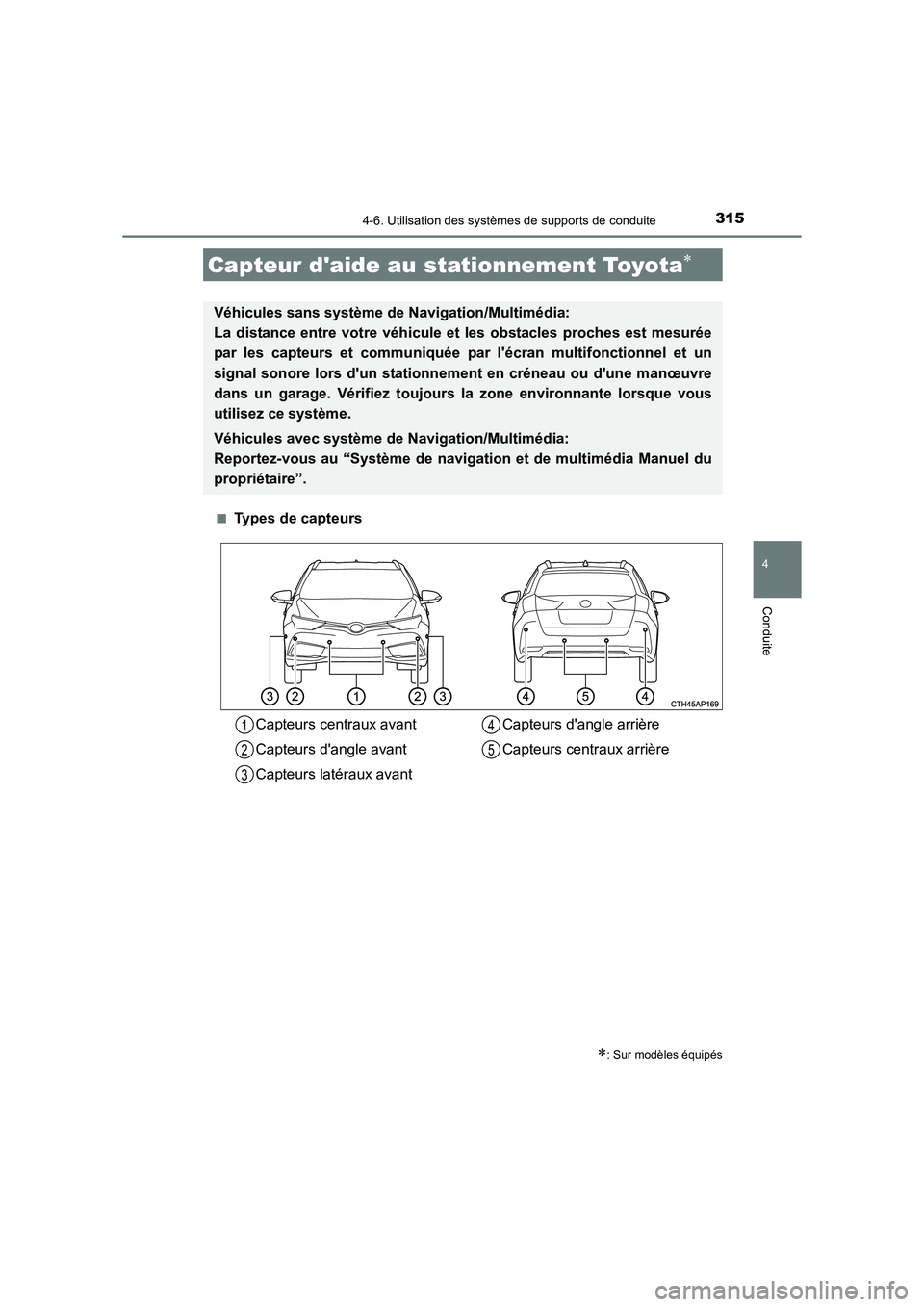 TOYOTA AURIS TOURING SPORTS 2016  Manuel du propriétaire (in French) 3154-6. Utilisation des systèmes de supports de conduite
4
Conduite
UK_AURIS_Touring_Sport_EK (OM12K54K)■
Types de capteurs
Capteur daide au stationnement Toyota∗
∗: Sur modèles équipés
Vé