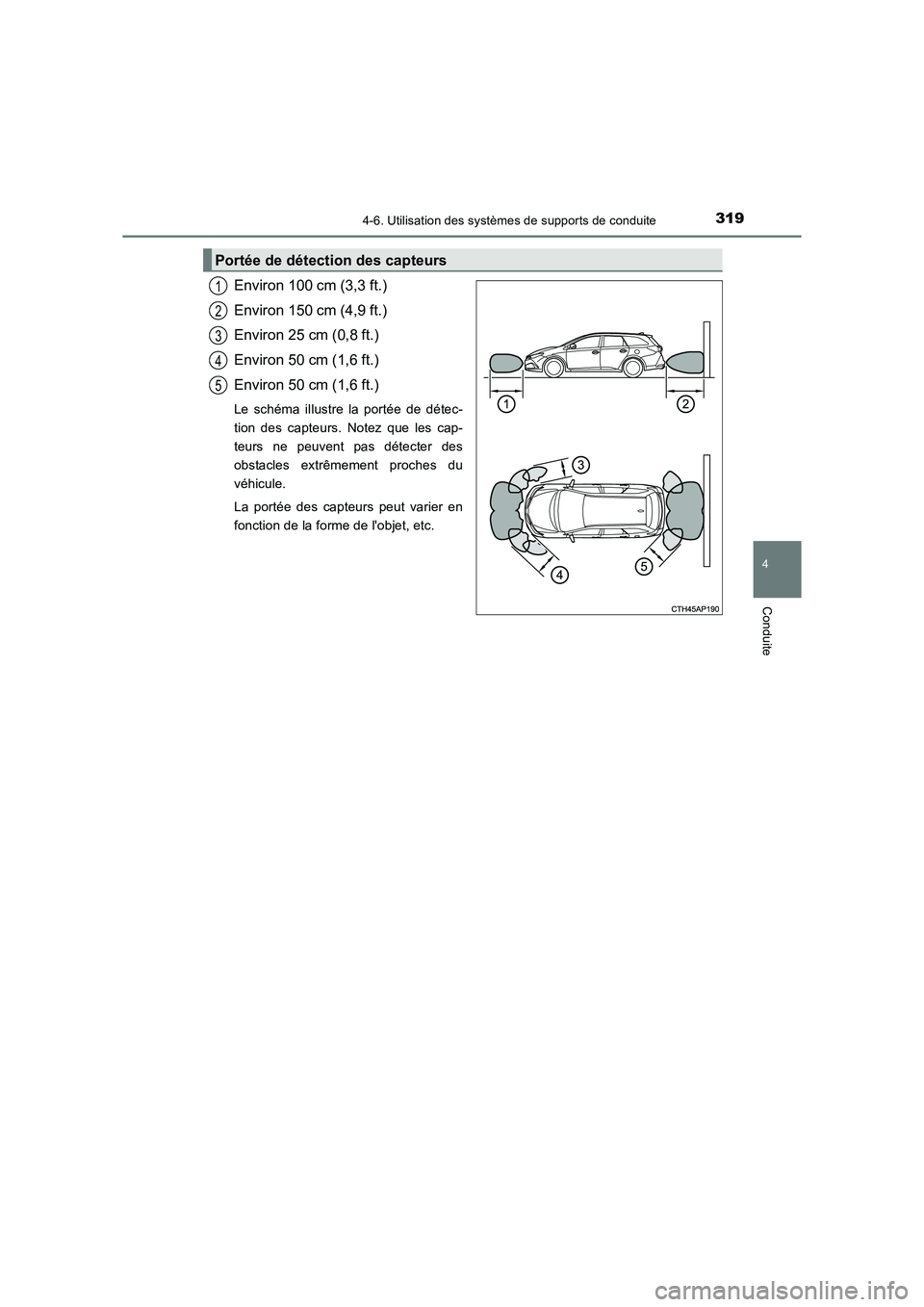 TOYOTA AURIS TOURING SPORTS 2016  Manuel du propriétaire (in French) 3194-6. Utilisation des systèmes de supports de conduite
4
Conduite
UK_AURIS_Touring_Sport_EK (OM12K54K)
Environ 100 cm (3,3 ft.)
Environ 150 cm (4,9 ft.)
Environ 25 cm (0,8 ft.)
Environ 50 cm (1,6 f