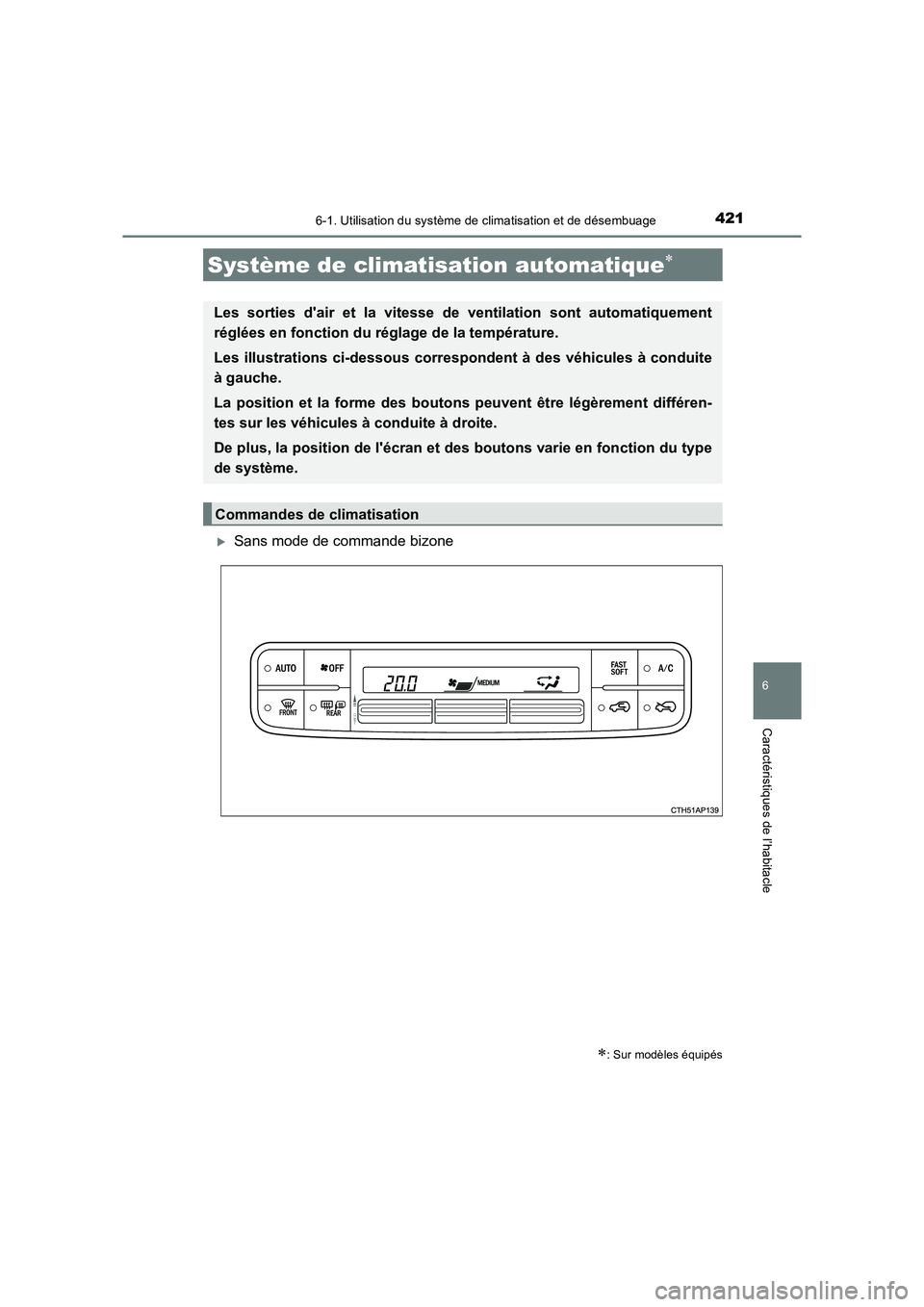 TOYOTA AURIS TOURING SPORTS 2016  Manuel du propriétaire (in French) 4216-1. Utilisation du système de climatisation et de désembuage
6
Caractéristiques de l’habitacle
UK_AURIS_Touring_Sport_EK (OM12K54K)
�XSans mode de commande bizone
Système de climatisation au