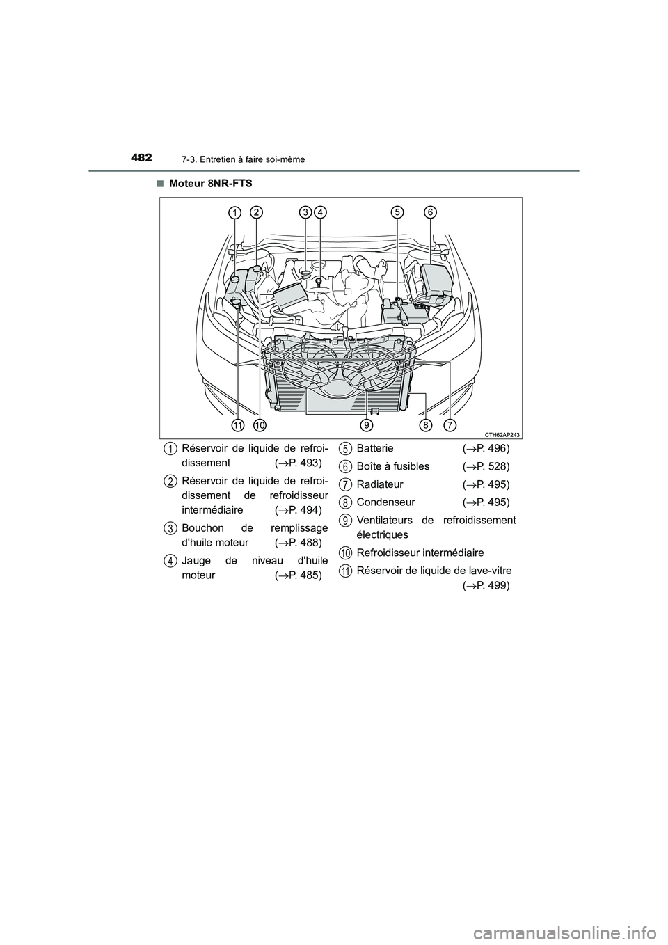 TOYOTA AURIS TOURING SPORTS 2016  Manuel du propriétaire (in French) 4827-3. Entretien à faire soi-même
UK_AURIS_Touring_Sport_EK (OM12K54K)■
Moteur 8NR-FTS
Réservoir de liquide de refroi-
dissement (
→P. 493)
Réservoir de liquide de refroi-
dissement de refroi