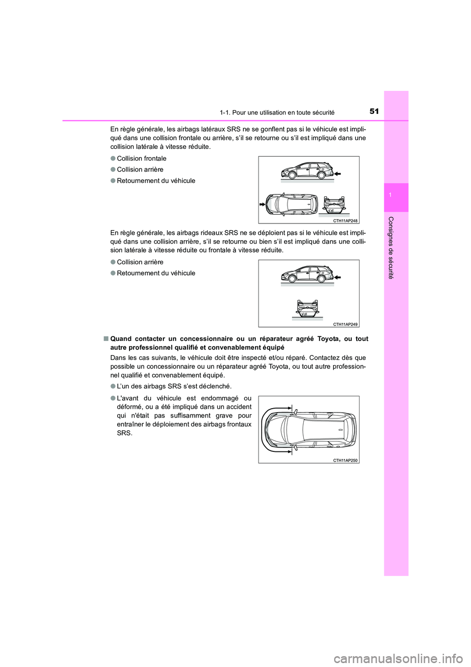 TOYOTA AURIS TOURING SPORTS 2016 Manuel du propriétaire (in French) 511-1. Pour une utilisation en toute sécurité
1
Consignes de sécurité
UK_AURIS_Touring_Sport_EK (OM12K54K)En règle générale, les airbags latéraux SRS ne se gonflent pas si le véhicule est imp TOYOTA AURIS TOURING SPORTS 2016 Manuel du propriétaire (in French) 511-1. Pour une utilisation en toute sécurité
1
Consignes de sécurité
UK_AURIS_Touring_Sport_EK (OM12K54K)En règle générale, les airbags latéraux SRS ne se gonflent pas si le véhicule est imp