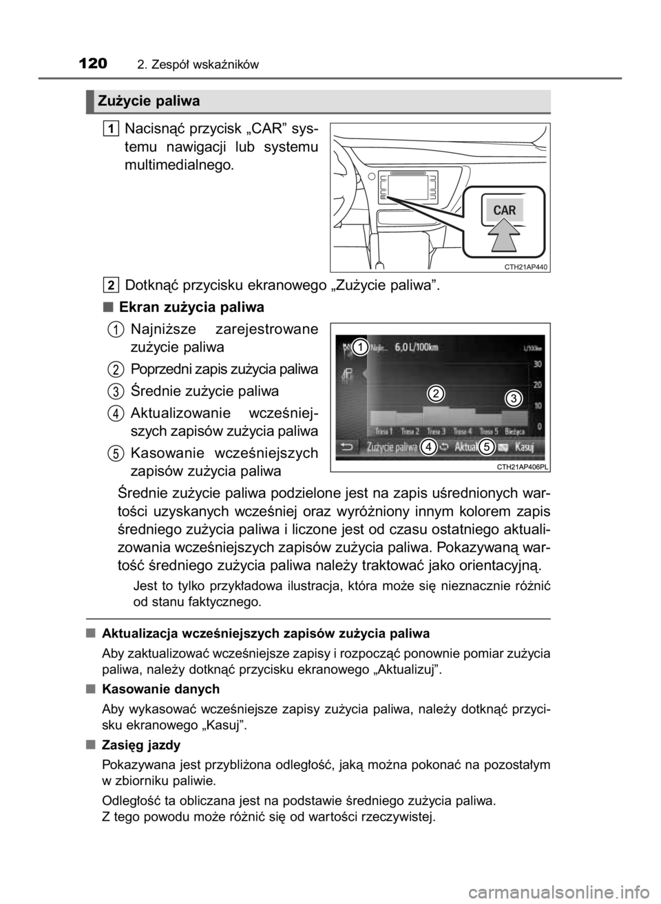 TOYOTA AURIS TOURING SPORTS 2016  Instrukcja obsługi (in Polish) Nacisnàç przycisk „CAR” sys-
temu  nawigacji  lub  systemu
multimedialnego.
Dotknàç przycisku ekranowego „Zu˝ycie paliwa”.
Ekran zu˝ycia paliwa
Najni˝sze  zarejestrowane
zu˝ycie paliwa