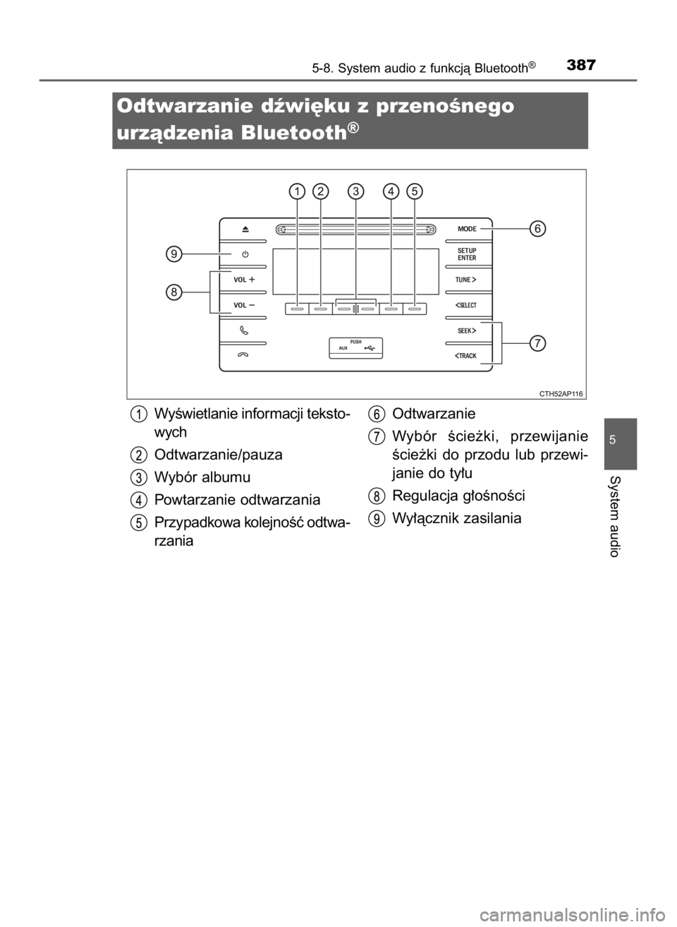 TOYOTA AURIS TOURING SPORTS 2016  Instrukcja obsługi (in Polish) 5-8. System audio z funkcjà Bluetooth®387
5
System audio
Odtwarzanie dêwi´ku z przenoÊnego 
urzàdzenia Bluetooth
®
WyÊwietlanie informacji teksto-
wych
Odtwarzanie/pauza
Wybór albumu
Powtarza