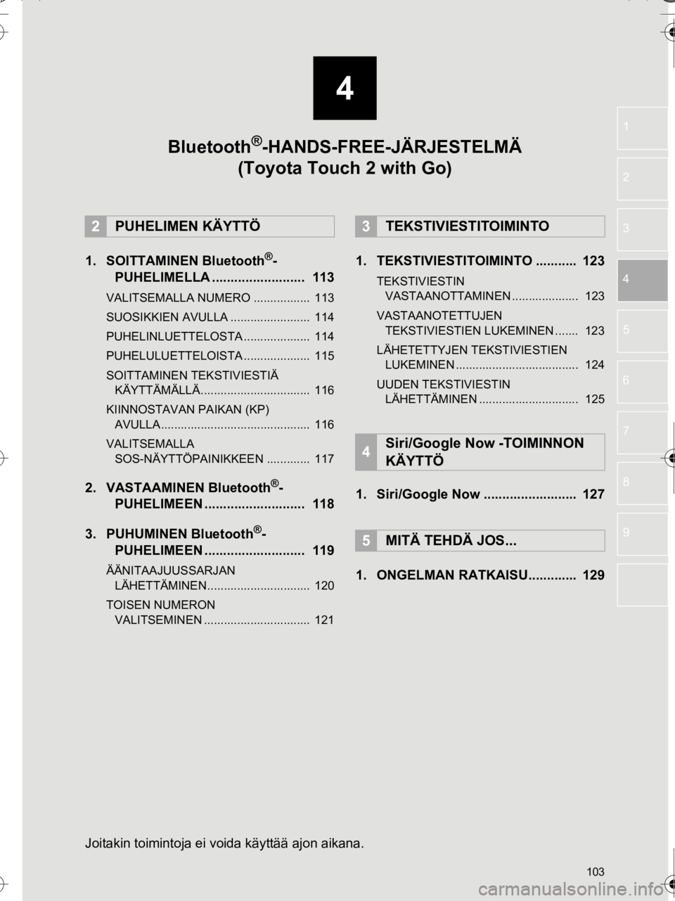 TOYOTA AURIS TOURING SPORTS 2016 Omistajan Käsikirja (in Finnish) 4
103
OM12K67FI
1
2
5
6
7
8
9
3
4
1. SOITTAMINEN Bluetooth®-
PUHELIMELLA ......................... 113
VALITSEMALLA NUMERO ................. 113
SUOSIKKIEN AVULLA ........................ 114
PUHE TOYOTA AURIS TOURING SPORTS 2016 Omistajan Käsikirja (in Finnish) 4
103
OM12K67FI
1
2
5
6
7
8
9
3
4
1. SOITTAMINEN Bluetooth®-
PUHELIMELLA ......................... 113
VALITSEMALLA NUMERO ................. 113
SUOSIKKIEN AVULLA ........................ 114
PUHE