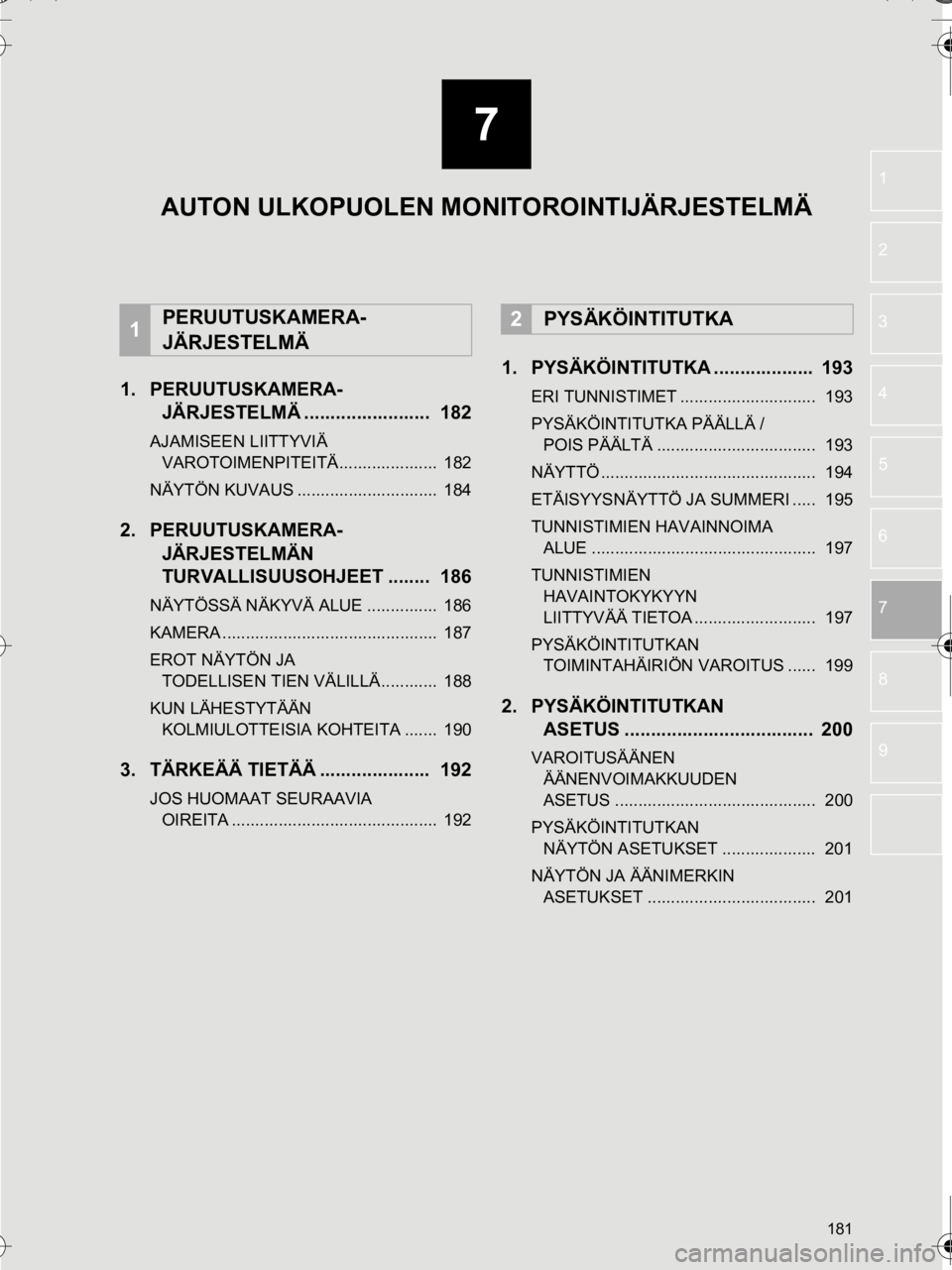 TOYOTA AURIS TOURING SPORTS 2016 Omistajan Käsikirja (in Finnish) 7
181
OM12K67FI
1
2
3
4
5
8
9
7
6
1. PERUUTUSKAMERA- JÄRJESTELMÄ ........................ 182
AJAMISEEN LIITTYVIÄ
VAROTOIMENPITEITÄ..................... 182
NÄYTÖN KUVAUS .................... TOYOTA AURIS TOURING SPORTS 2016 Omistajan Käsikirja (in Finnish) 7
181
OM12K67FI
1
2
3
4
5
8
9
7
6
1. PERUUTUSKAMERA- JÄRJESTELMÄ ........................ 182
AJAMISEEN LIITTYVIÄ
VAROTOIMENPITEITÄ..................... 182
NÄYTÖN KUVAUS ....................