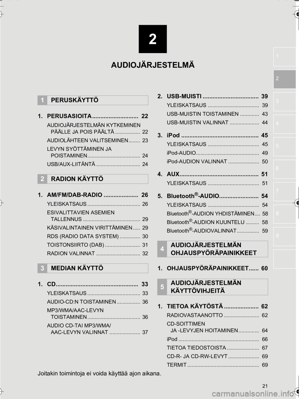 TOYOTA AURIS TOURING SPORTS 2016  Omistajan Käsikirja (in Finnish) 2
21
OM12K67FI
1
2
3
4
5
6
7
8
9
1. PERUSASIOITA ............................  22
AUDIOJÄRJESTELMÄN KYTKEMINEN  PÄÄLLE JA POIS PÄÄLTÄ .................  22
AUDIOLÄHTEEN VALITSEMINEN........  2