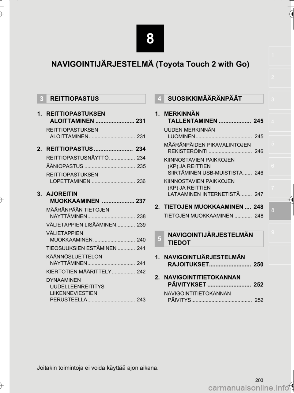 TOYOTA AURIS TOURING SPORTS 2016  Omistajan Käsikirja (in Finnish) 8
203
OM12K67FI
1
2
3
4
5
8
6
9
7
1. REITTIOPASTUKSEN  ALOITTAMINEN ........................ 231
REITTIOPASTUKSEN 
ALOITTAMINEN ................................  231
2. REITTIOPASTUS ................. TOYOTA AURIS TOURING SPORTS 2016  Omistajan Käsikirja (in Finnish) 8
203
OM12K67FI
1
2
3
4
5
8
6
9
7
1. REITTIOPASTUKSEN  ALOITTAMINEN ........................ 231
REITTIOPASTUKSEN 
ALOITTAMINEN ................................  231
2. REITTIOPASTUS .................