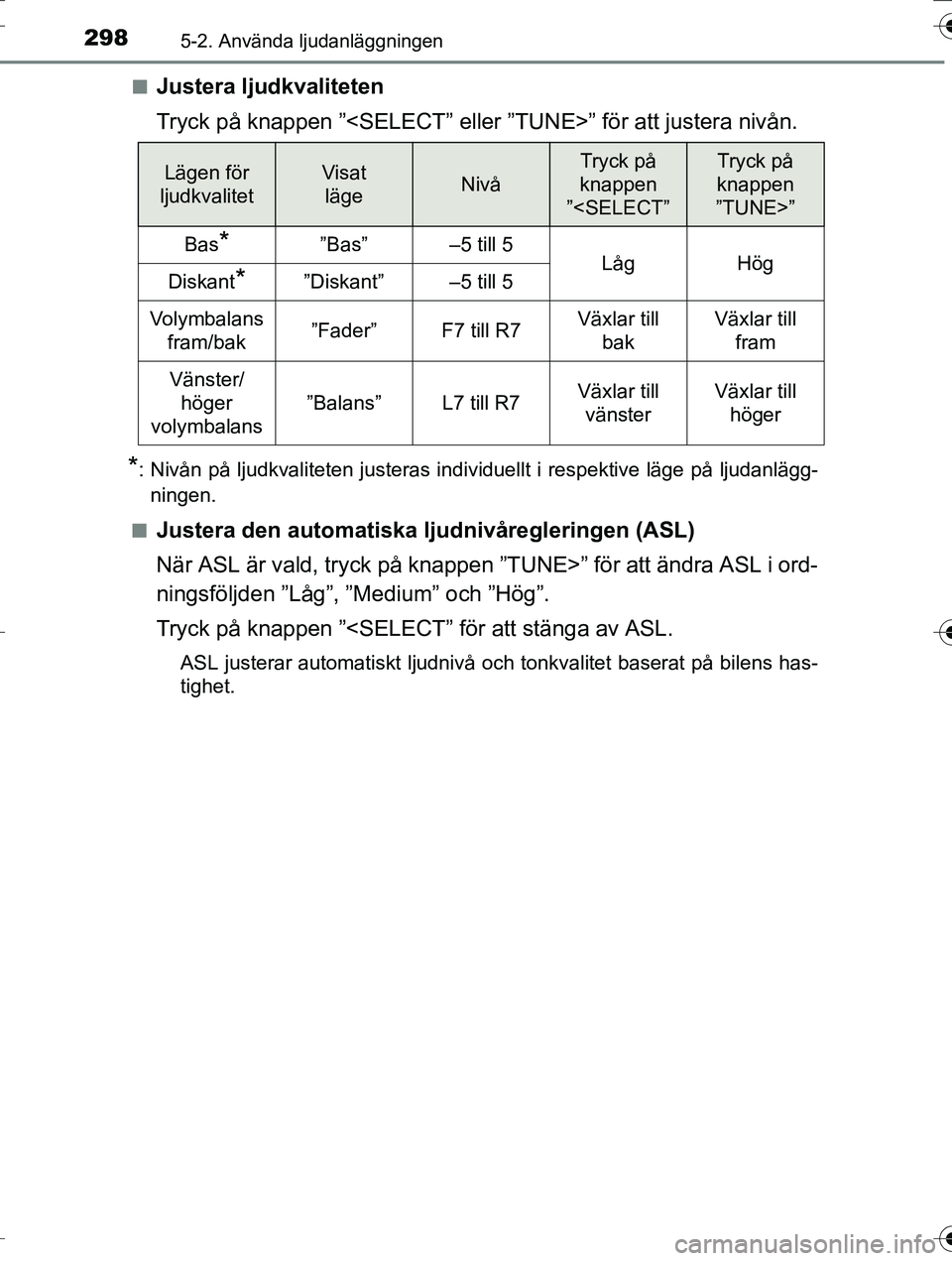 TOYOTA AURIS TOURING SPORTS 2016 Bruksanvisningar (in Swedish) 2985-2. Använda ljudanläggningen
OM12K53SEn
Justera ljudkvaliteten
Tryck på knappen ”<SELECT” eller ”TUNE>” för att justera nivån.
*: Nivån på ljudkvaliteten justeras individuellt i res TOYOTA AURIS TOURING SPORTS 2016 Bruksanvisningar (in Swedish) 2985-2. Använda ljudanläggningen
OM12K53SEn
Justera ljudkvaliteten
Tryck på knappen ”<SELECT” eller ”TUNE>” för att justera nivån.
*: Nivån på ljudkvaliteten justeras individuellt i res