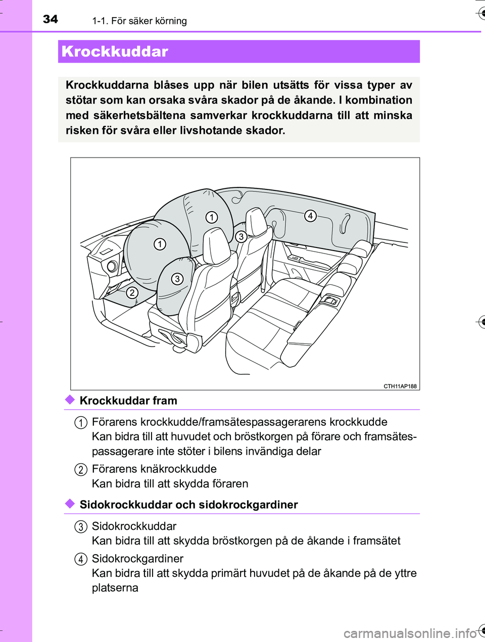 TOYOTA AURIS TOURING SPORTS 2016 Bruksanvisningar (in Swedish) 341-1. För säker körning
OM12K53SE
uKrockkuddar framFörarens krockkudde/framsätespassagerarens krockkudde
Kan bidra till att huvude t och bröstkorgen på förare och framsätes-
passagerare inte TOYOTA AURIS TOURING SPORTS 2016 Bruksanvisningar (in Swedish) 341-1. För säker körning
OM12K53SE
uKrockkuddar framFörarens krockkudde/framsätespassagerarens krockkudde
Kan bidra till att huvude t och bröstkorgen på förare och framsätes-
passagerare inte