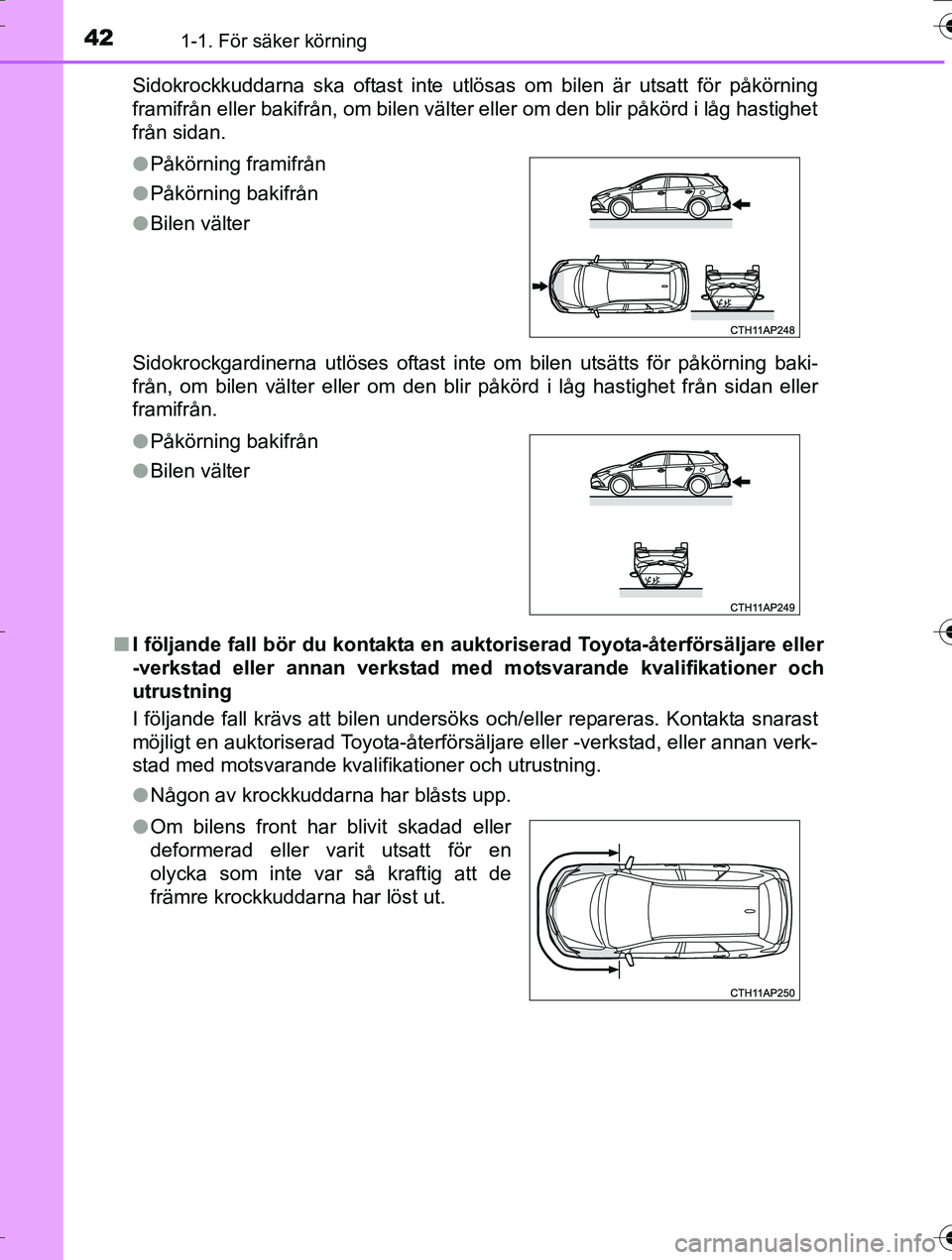 TOYOTA AURIS TOURING SPORTS 2016 Bruksanvisningar (in Swedish) 421-1. För säker körning
OM12K53SESidokrockkuddarna ska oftast inte utlösas om bilen är utsatt för påkörning
framifrån eller bakifrån, om bilen välter eller om den blir påkörd i låg hast TOYOTA AURIS TOURING SPORTS 2016 Bruksanvisningar (in Swedish) 421-1. För säker körning
OM12K53SESidokrockkuddarna ska oftast inte utlösas om bilen är utsatt för påkörning
framifrån eller bakifrån, om bilen välter eller om den blir påkörd i låg hast