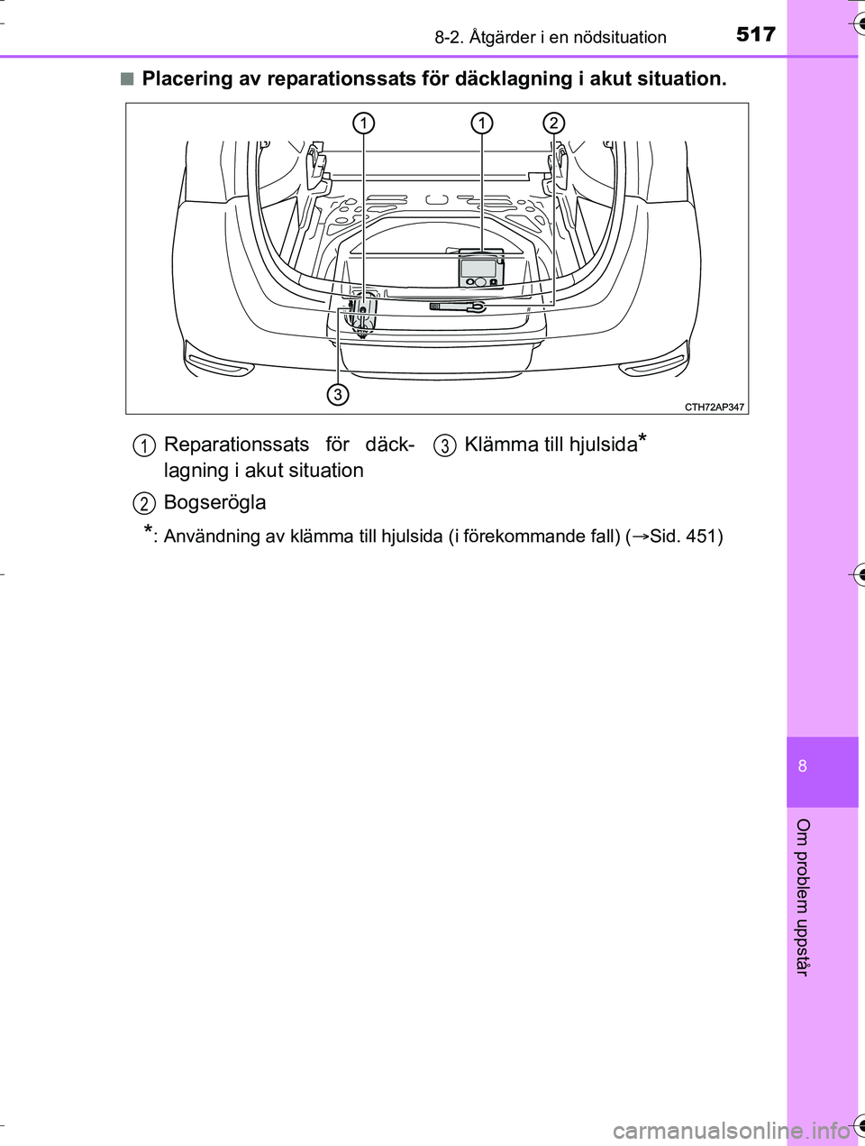 TOYOTA AURIS TOURING SPORTS 2016  Bruksanvisningar (in Swedish) 5178-2. Åtgärder i en nödsituation
OM12K53SE
8
Om problem uppstår
nPlacering av reparationssats för däcklagning i akut situation.
*: Användning av klämma till hjulsida (i förekommande fall) (
