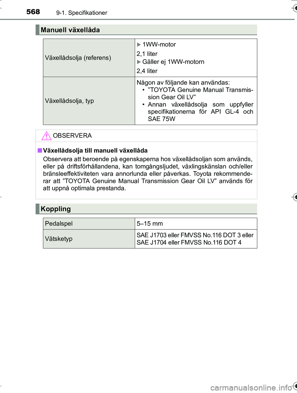 TOYOTA AURIS TOURING SPORTS 2016 Bruksanvisningar (in Swedish) 5689-1. Specifikationer
OM12K53SE
Manuell växellåda
Växellådsolja (referens)
1WW-motor
2,1 liter
Gäller ej 1WW-motorn
2,4 liter
Växellådsolja, typ Någon av följande kan användas:
• TOYOTA AURIS TOURING SPORTS 2016 Bruksanvisningar (in Swedish) 5689-1. Specifikationer
OM12K53SE
Manuell växellåda
Växellådsolja (referens)
1WW-motor
2,1 liter
Gäller ej 1WW-motorn
2,4 liter
Växellådsolja, typ Någon av följande kan användas:
•
