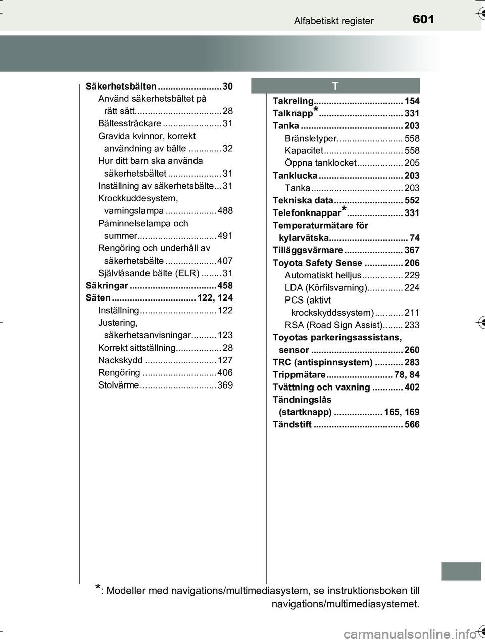 TOYOTA AURIS TOURING SPORTS 2016  Bruksanvisningar (in Swedish) 601Alfabetiskt register
OM12K53SE
Säkerhetsbälten ......................... 30Använd säkerhetsbältet på 
rätt sätt.................................. 28
Bältessträckare ...................... TOYOTA AURIS TOURING SPORTS 2016  Bruksanvisningar (in Swedish) 601Alfabetiskt register
OM12K53SE
Säkerhetsbälten ......................... 30Använd säkerhetsbältet på 
rätt sätt.................................. 28
Bältessträckare ......................